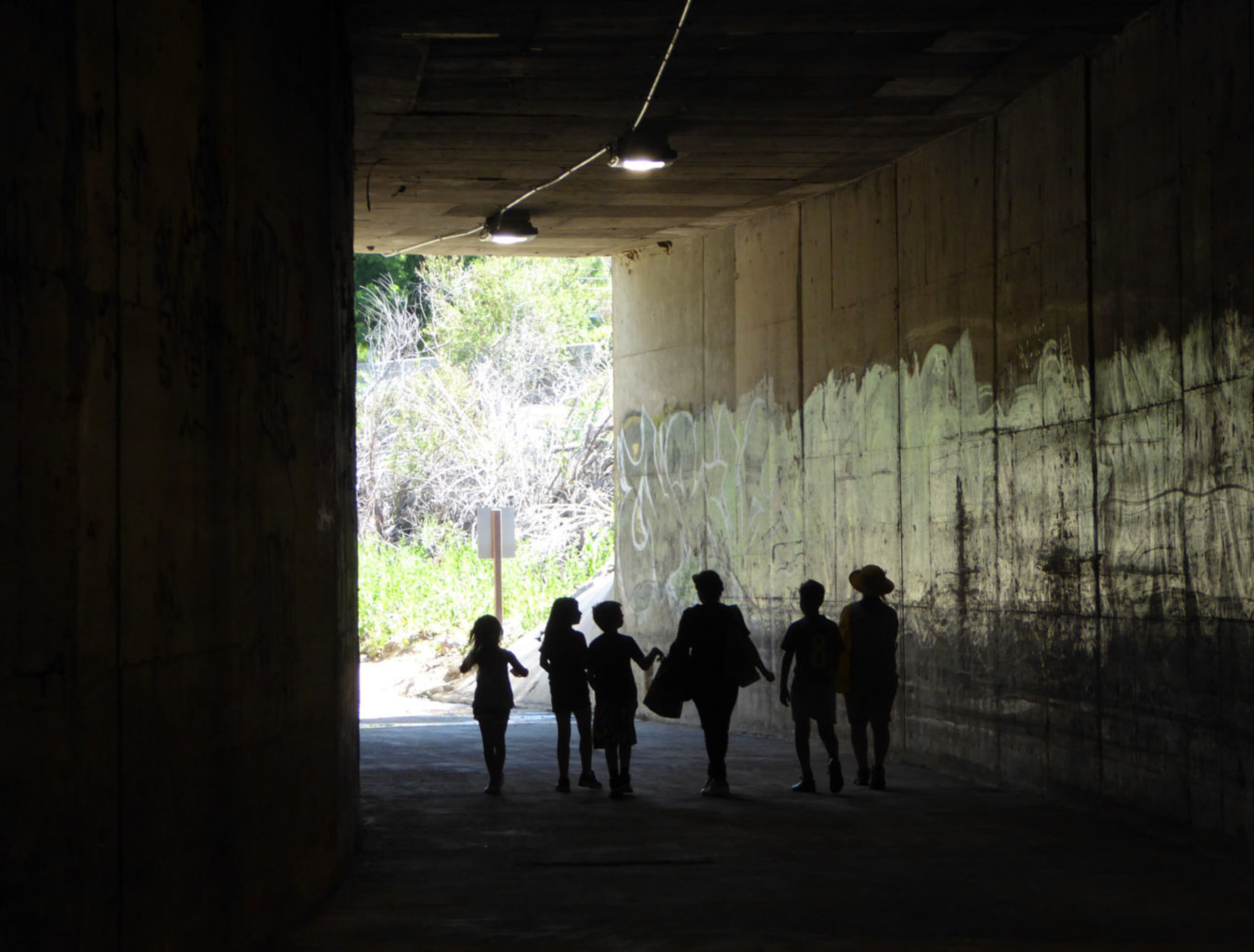 This group of young explorers and their parents enjoyed playing with the echos in the curved tunnel before emerging back into the sunlight.