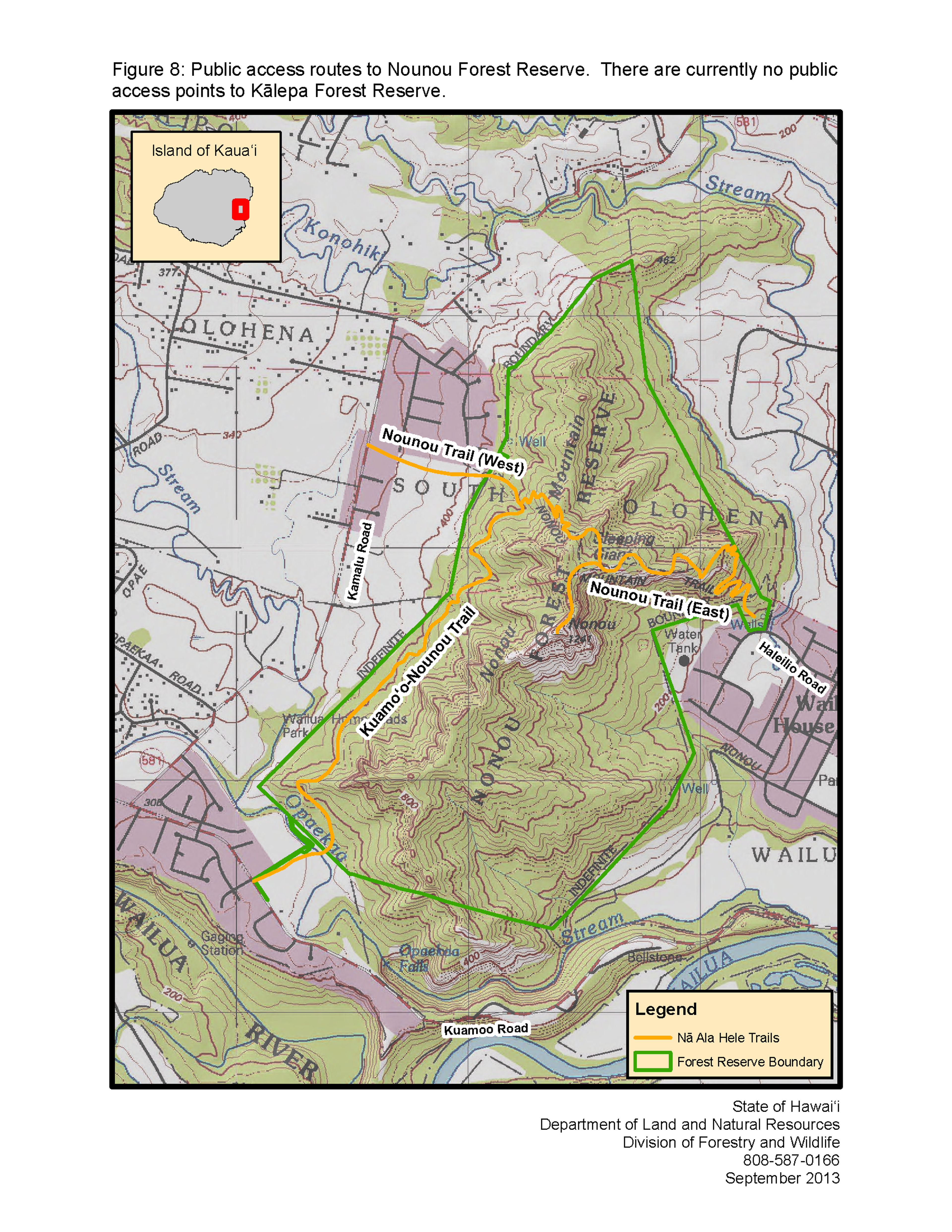 Public access routes to Nounou Forest Reserve. There are currently no public access points to Kalepa Forest Reserve.