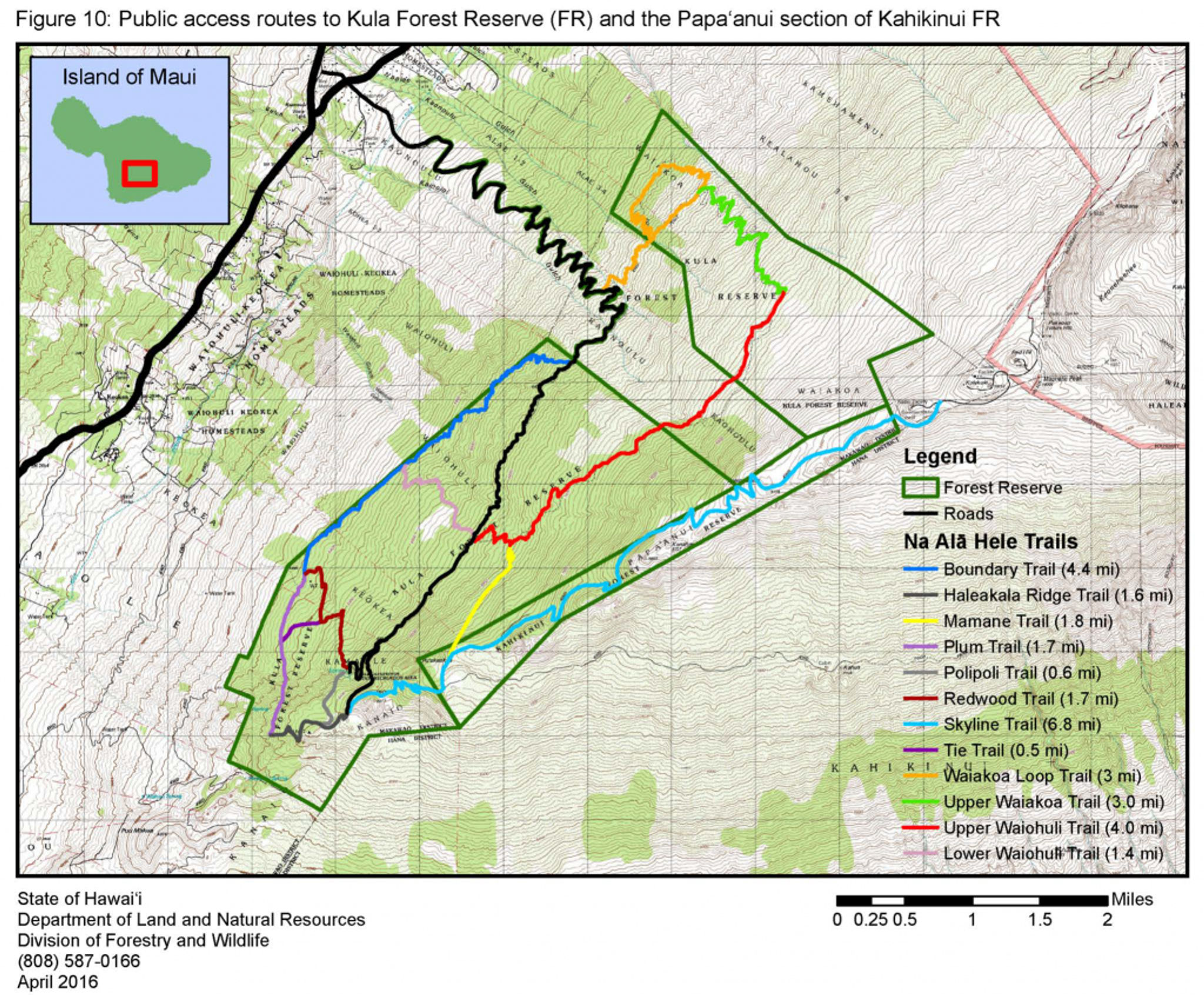 Public access routes to Kula Forest Reserve (FR) and the Papaanui section of Kahikinui FR.