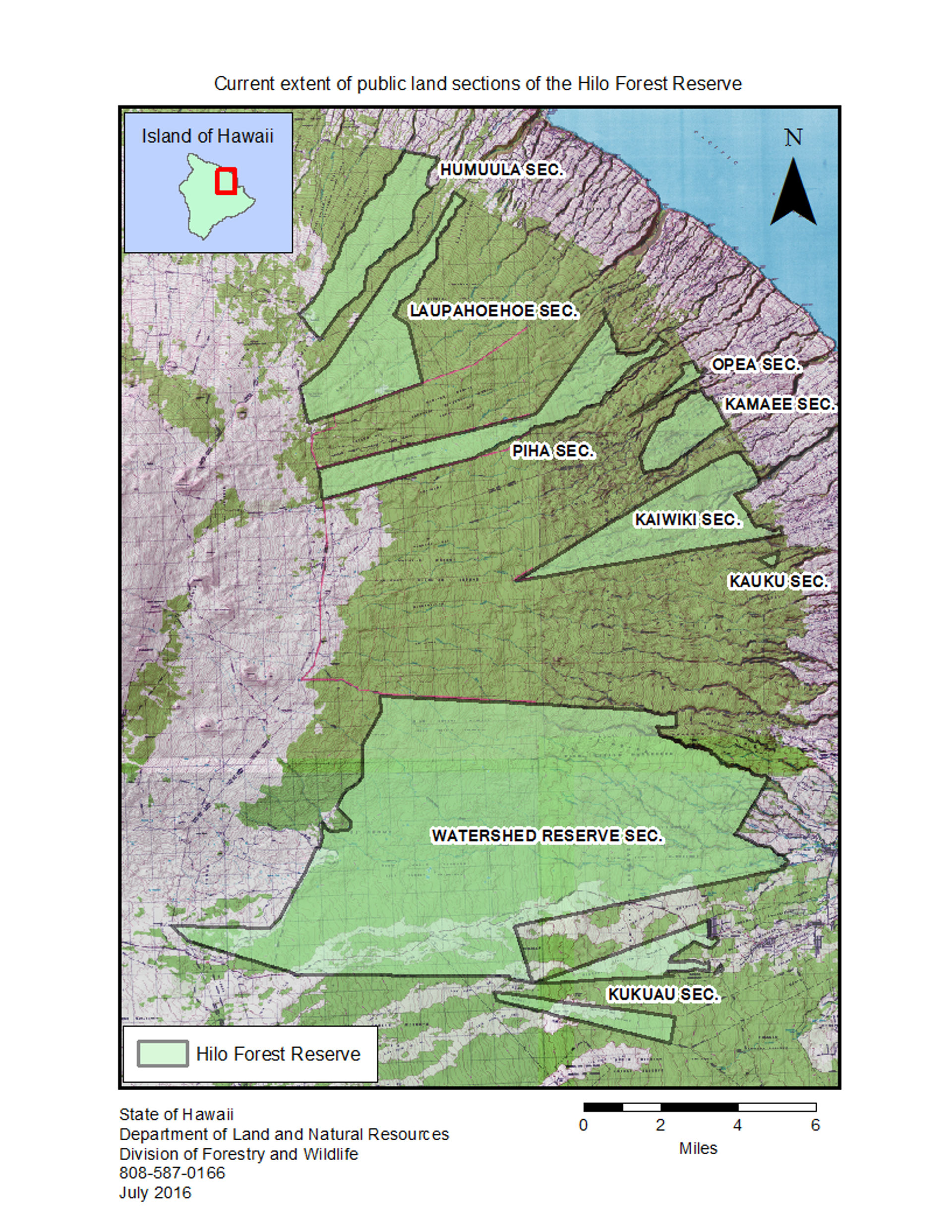 Current extent of public land sections of the Hilo Forest Reserve.