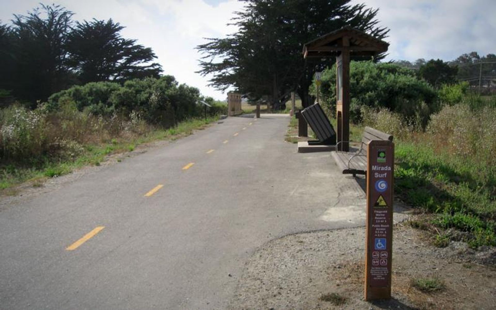 Amenities include a restroom, water fountain, information kiosk, and waste receptacles at the southern entrance to the trail.. 