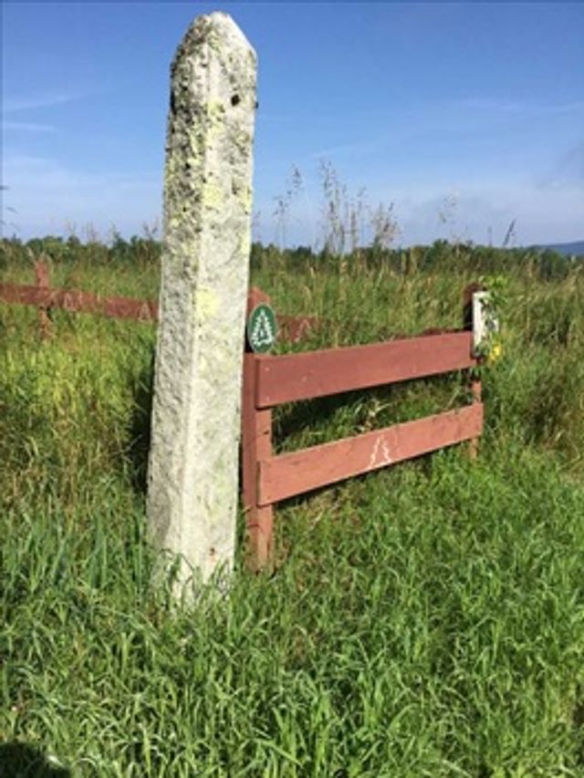 A stone marker at The Rocks, a working Christmas tree farm.