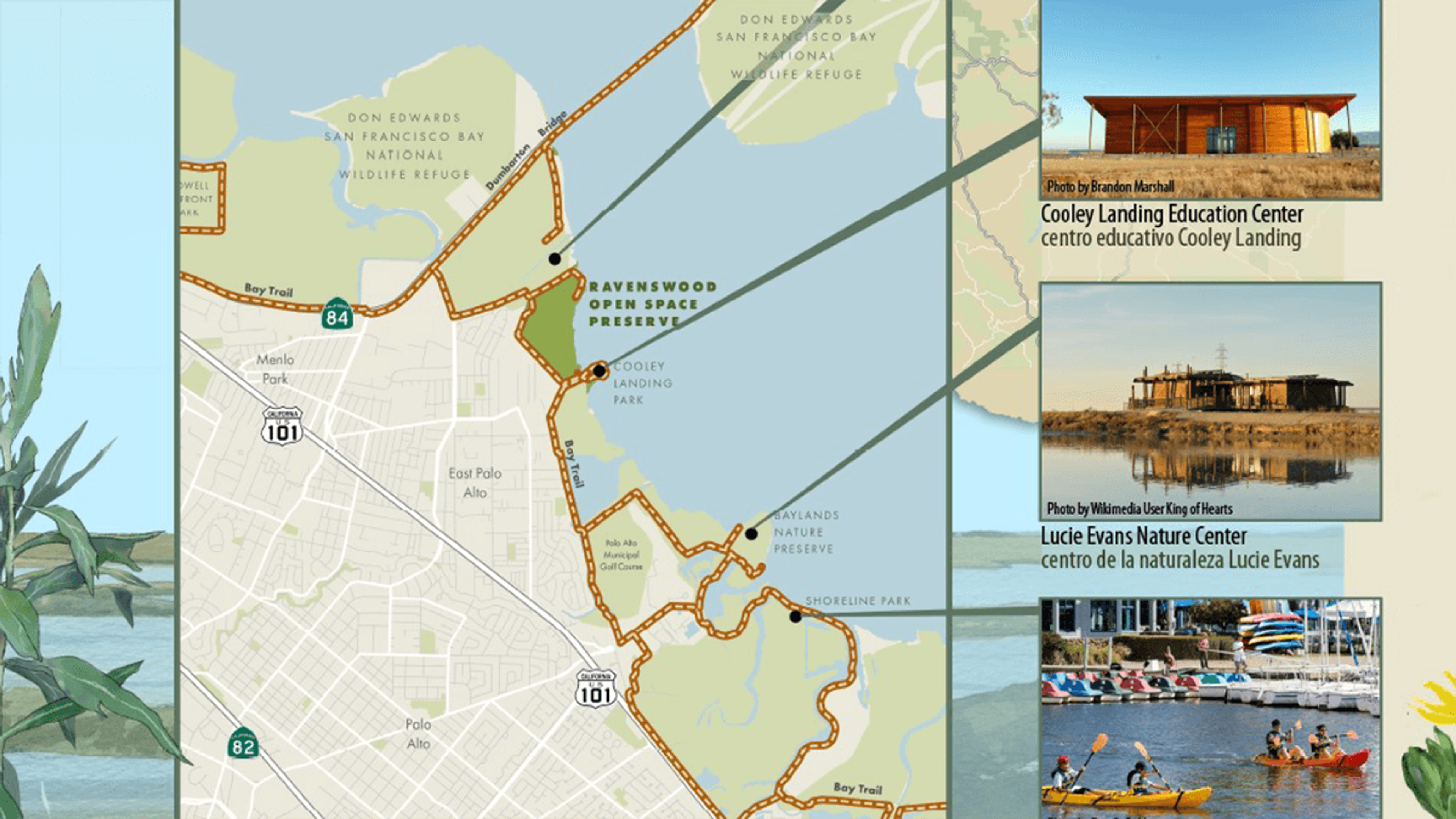 Cooley Landing, Lucie Evans Nature Center, Shoreline and salt ponds nearby - detail from interpretive panel. 