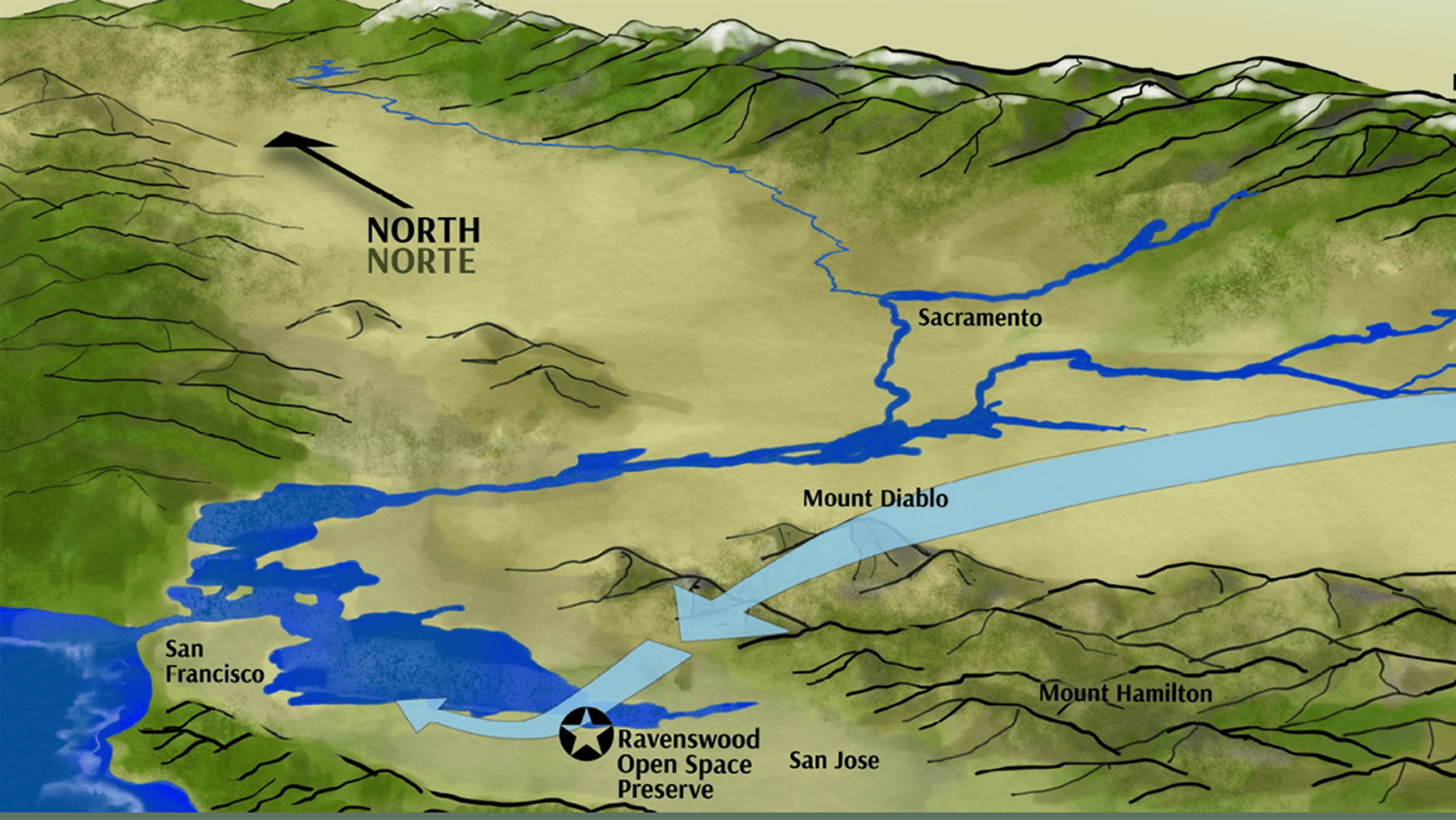 Map showing the Hetch Hetchy Water System direction - detail from interpretive panel. 