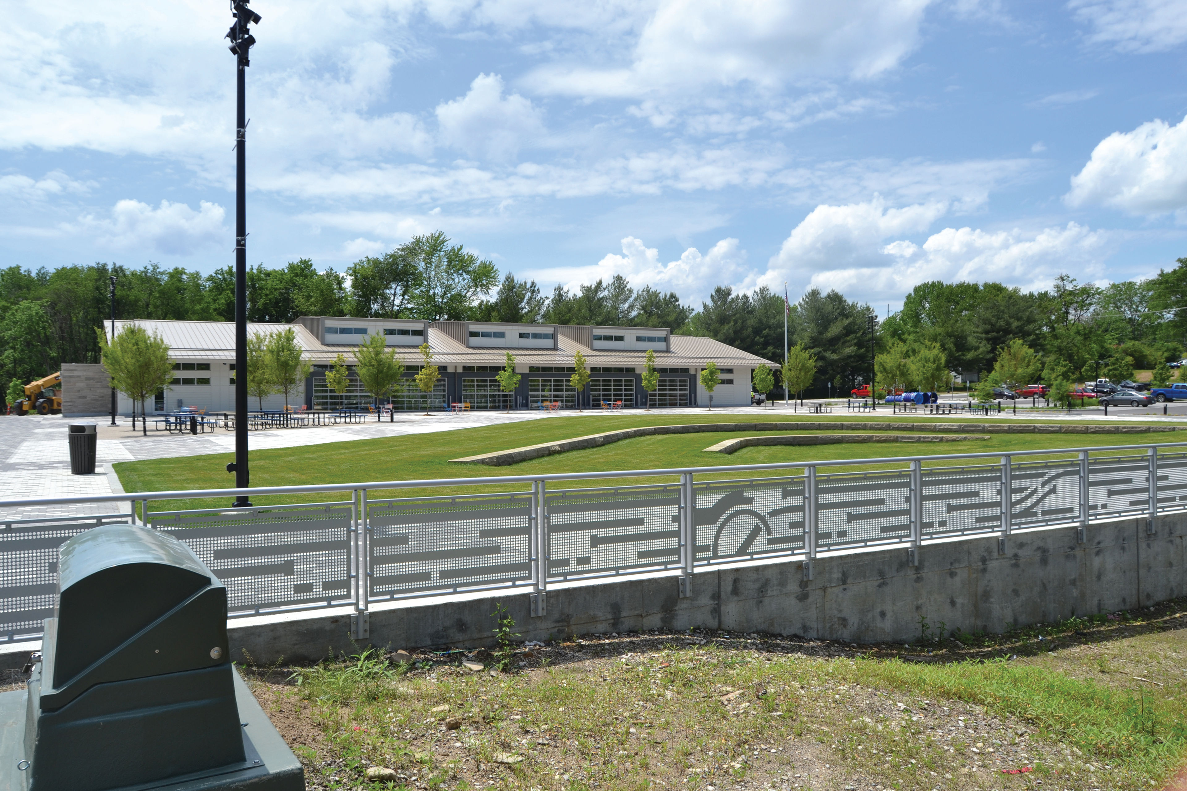 The Switchyard Park Pavilion and lawn near the Rogers Street parking lot