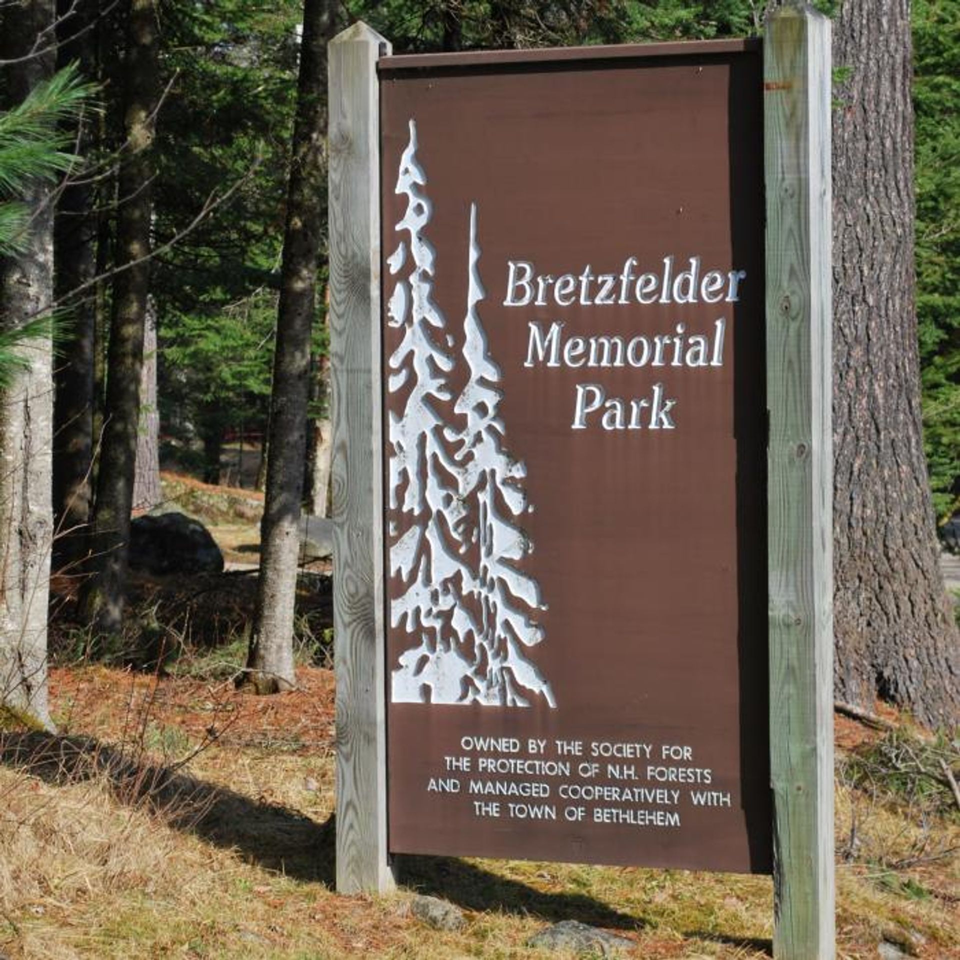 The sign at Bretzfelder Memorial Park is etched with fir trees.