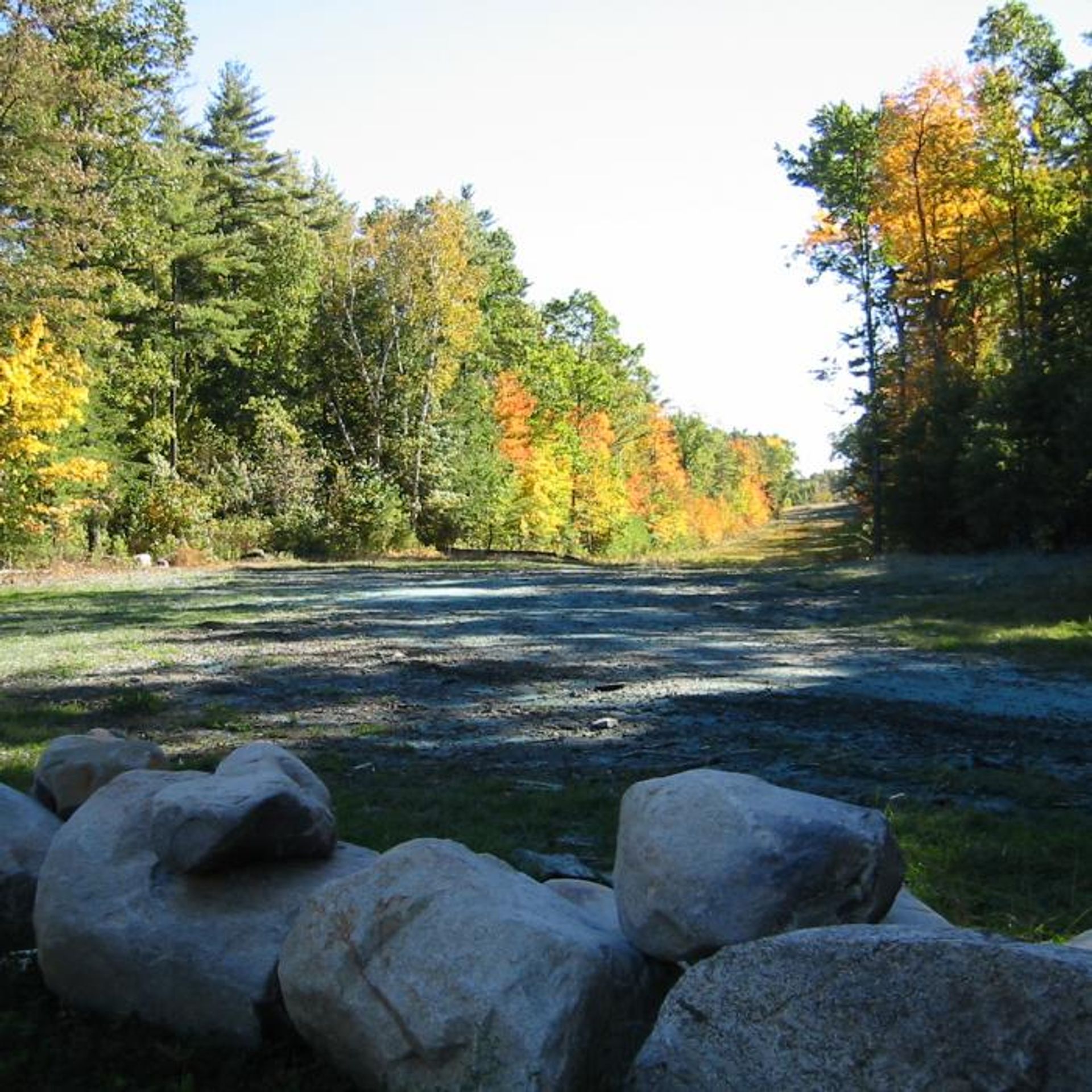 A stone wall with a view of a trail and trees in autumn.