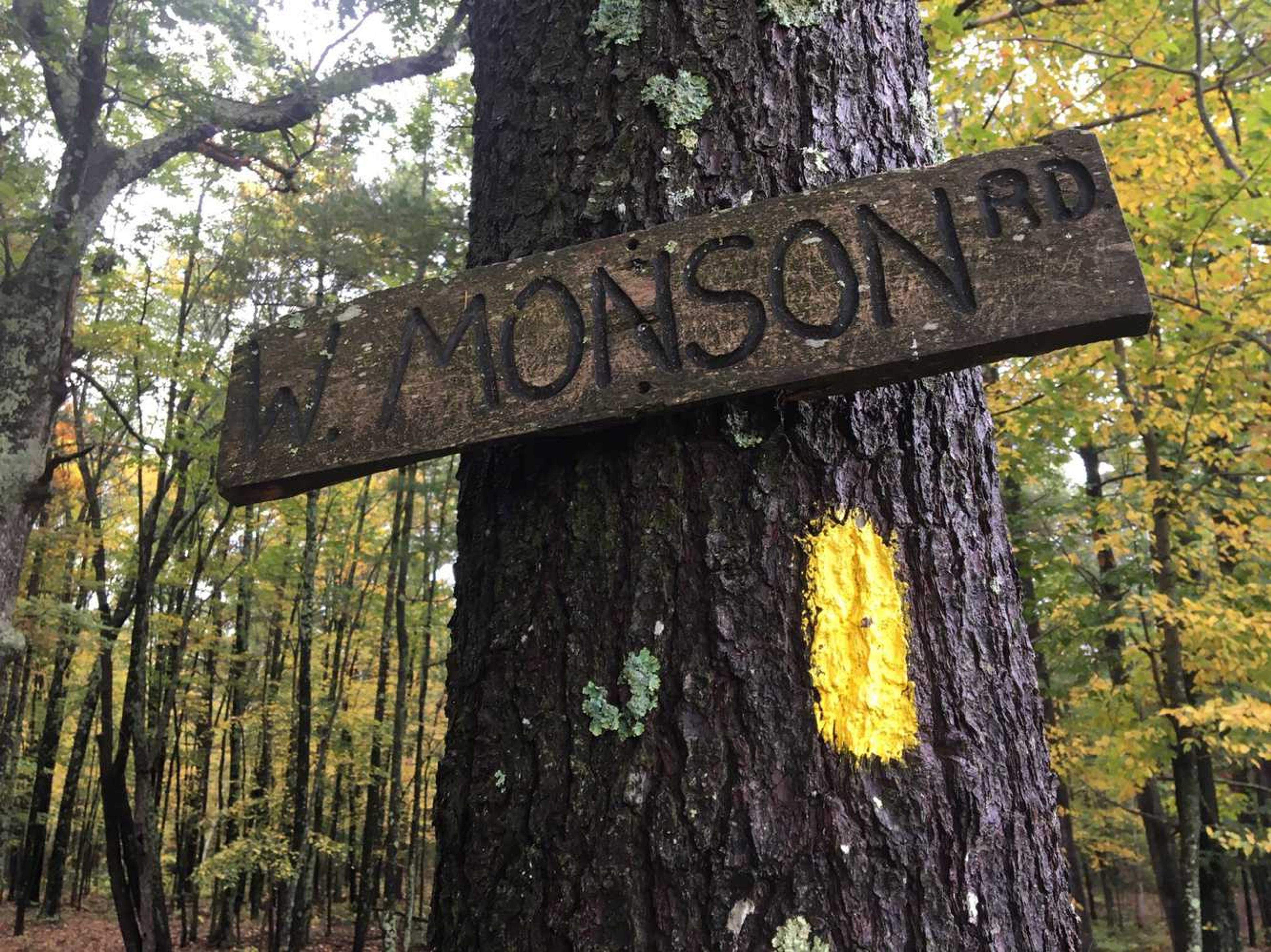 A wooden sign is carved to read W. Monson Rd.