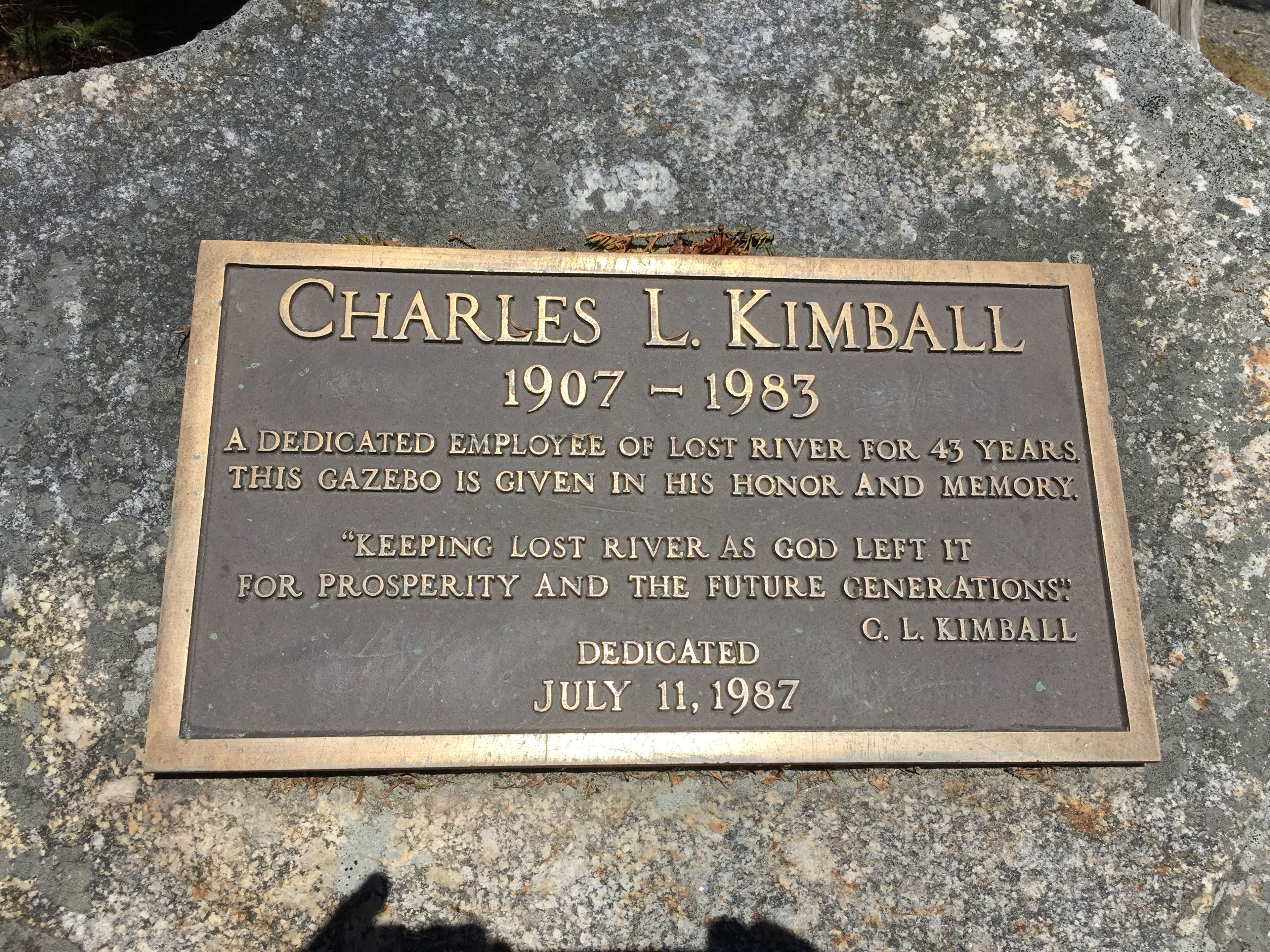 A plaque honoring Charles L. Kimball, a dedicated employee of Lost River for 43 years.