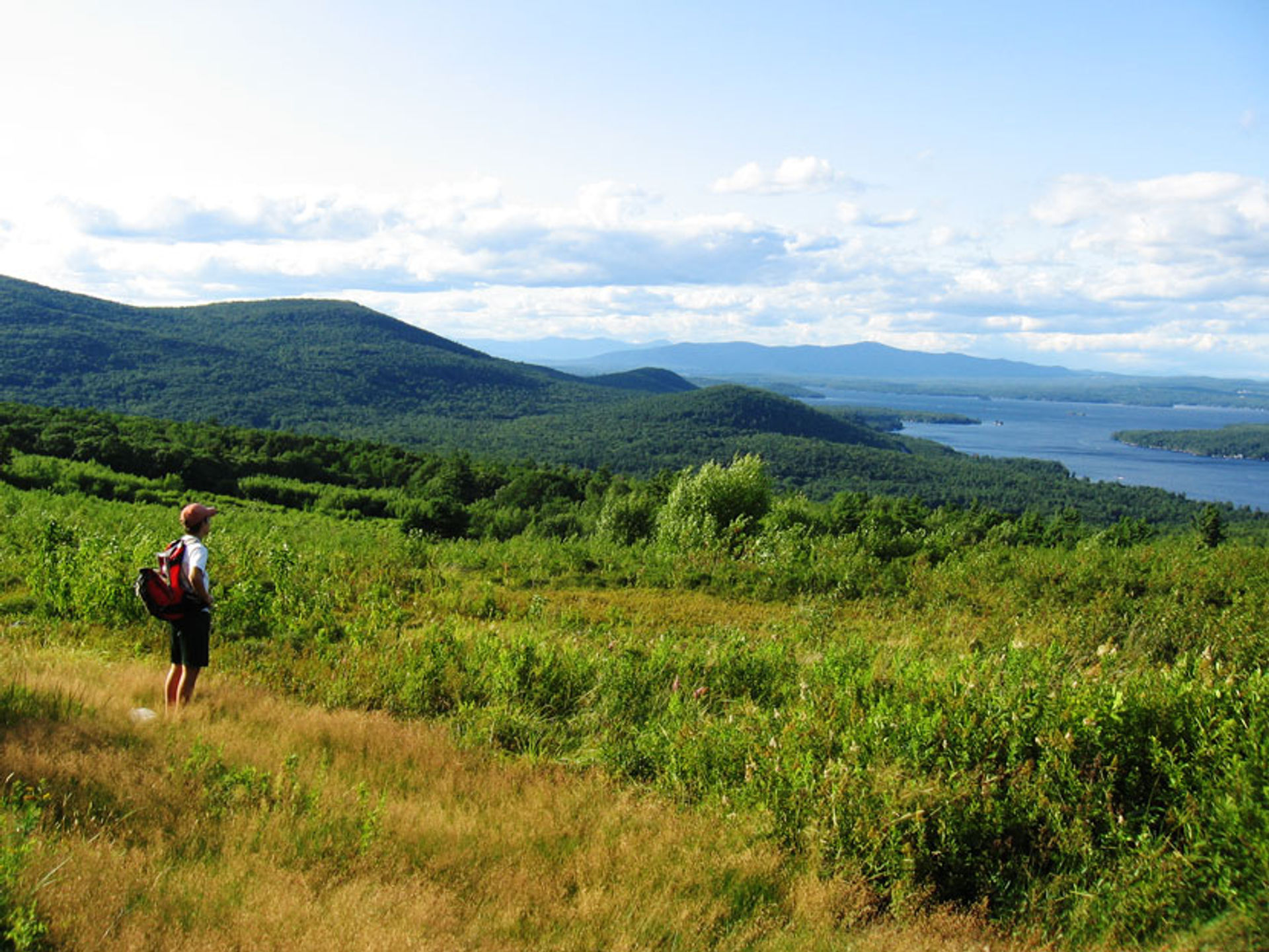 A hiker takes in views of lakes and mountains beyond the field.