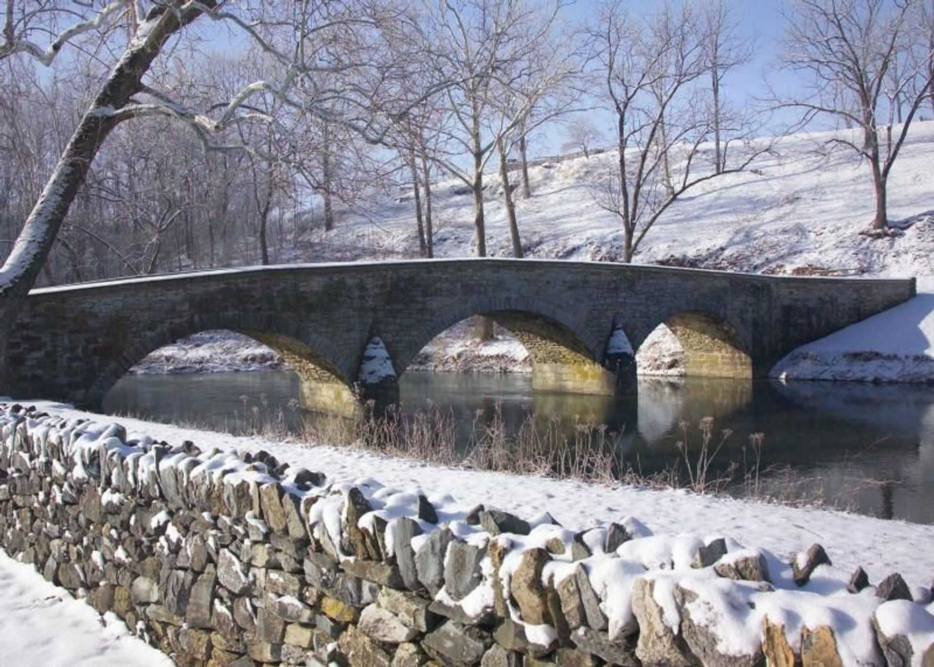 Burnside Bridge in the snow from the Union side of Antietam Creek.