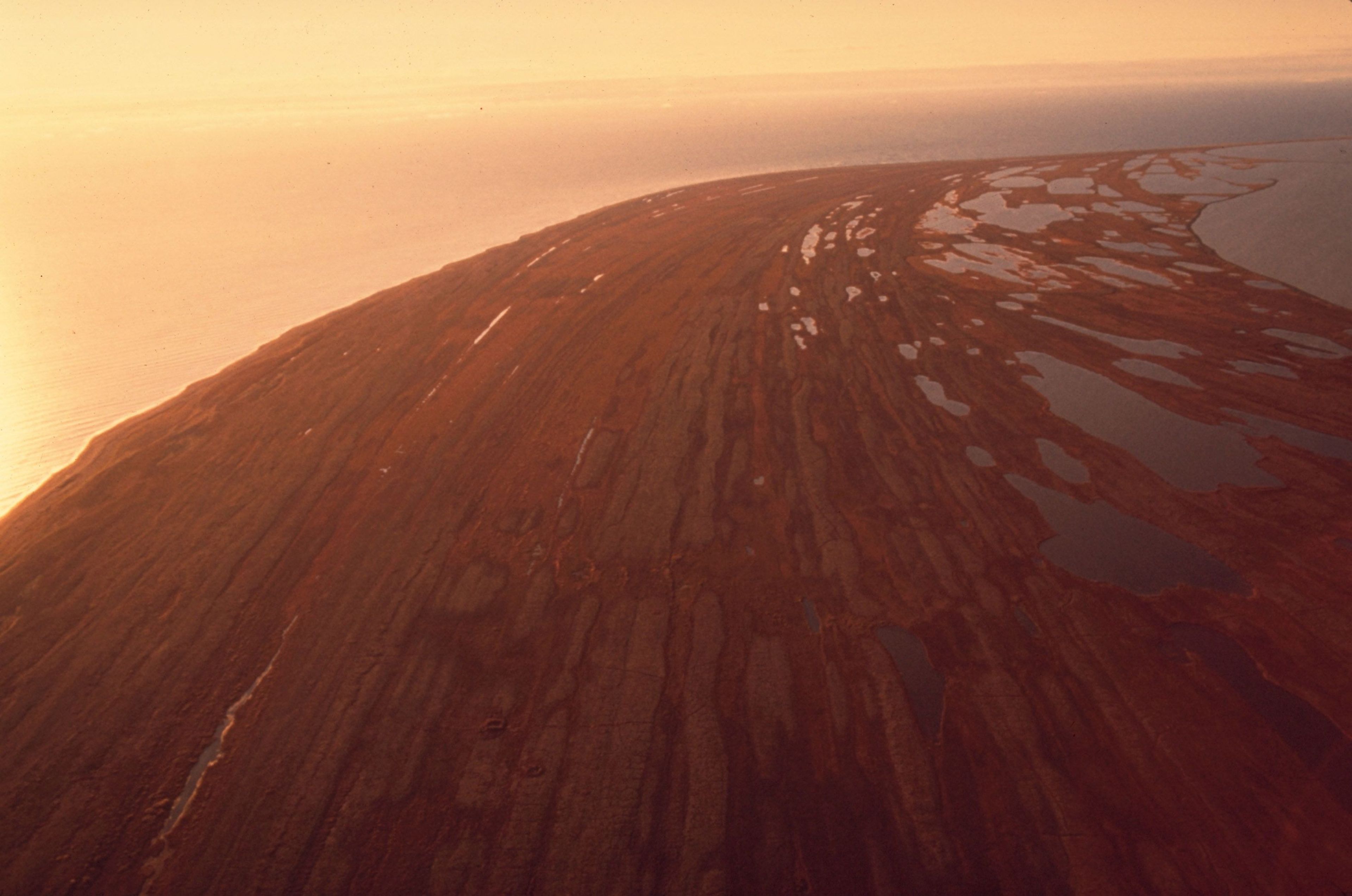 Beach ridges created by years of wave action during storms can be seen as parallel lines in the fall vegetation covering the old gravel.