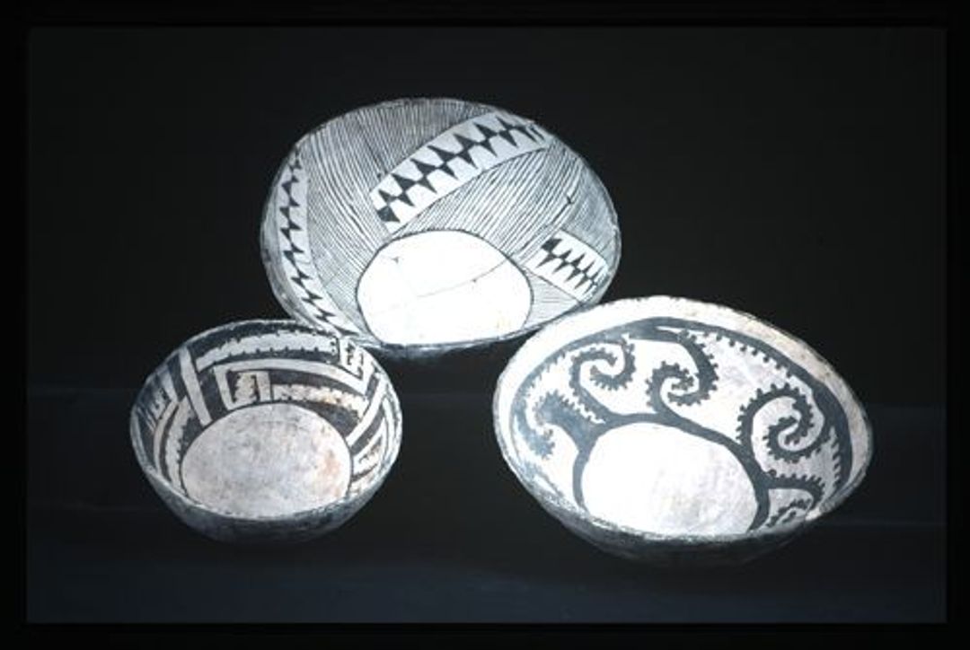 Many of the things discovered at Chaco came from other places. These bowls came from the Red Mesa area. Red Mesa Black on White was produced from about A.D. 875 to 1040. Due to the lack of adequate resources, very few pots were produced in Chaco Canyon.