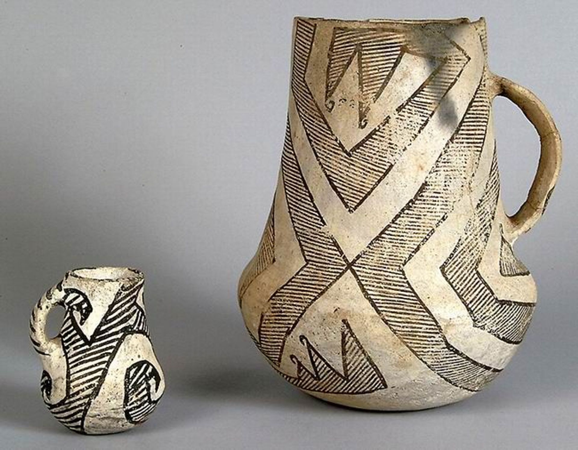 These pitchers are another form of pottery that was created elsewhere and then brought to Chaco canyon. This particular style was manufactured from A.D. 1030 to 1150.