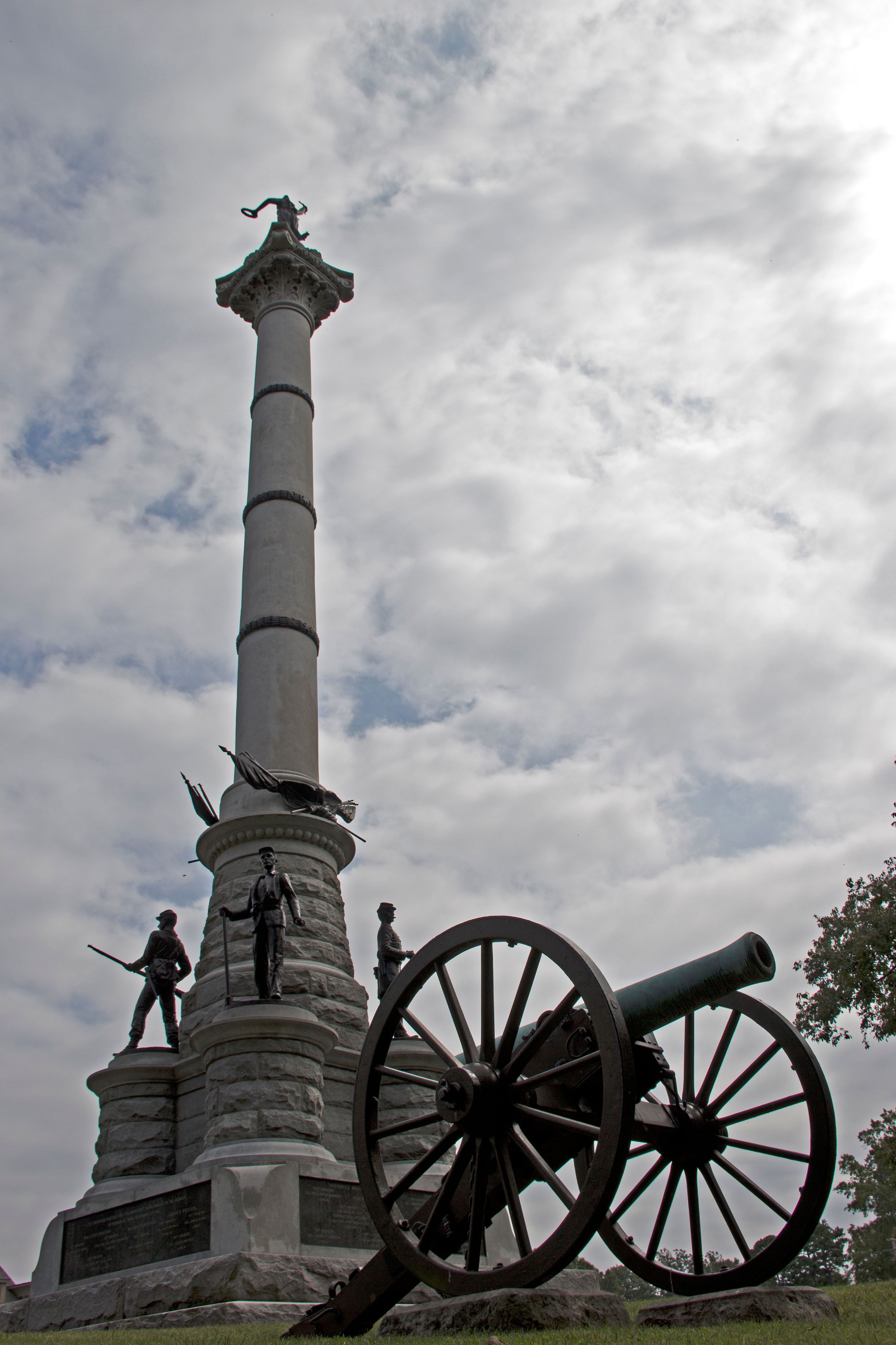 Silent sentinels stand on the Illinois Monument at the Bragg Reservation on Missionary Ridge Battlefield