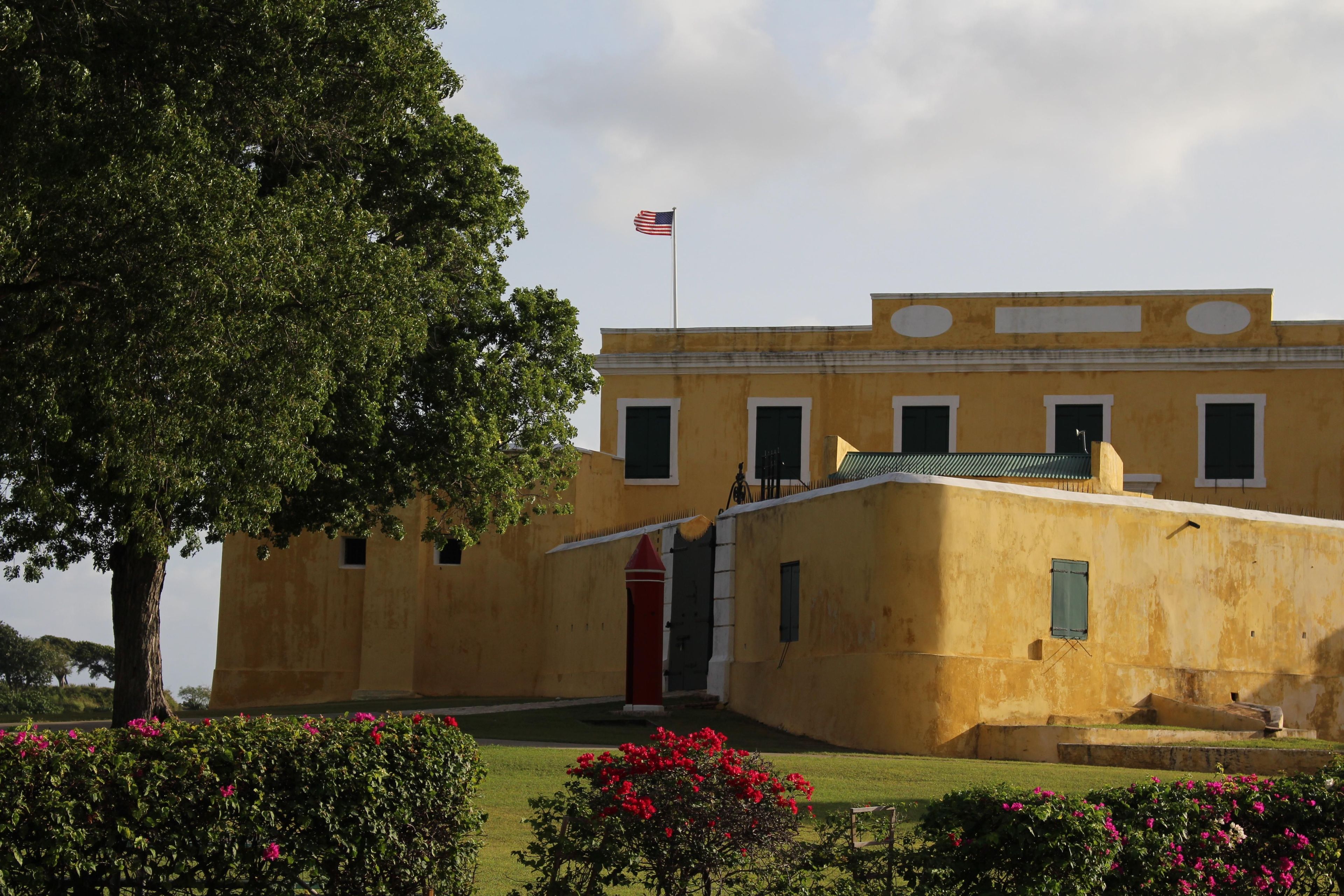 Fort Christiansvaern was built between 1738 and 1749. It is made of brick, stone, and coral block.