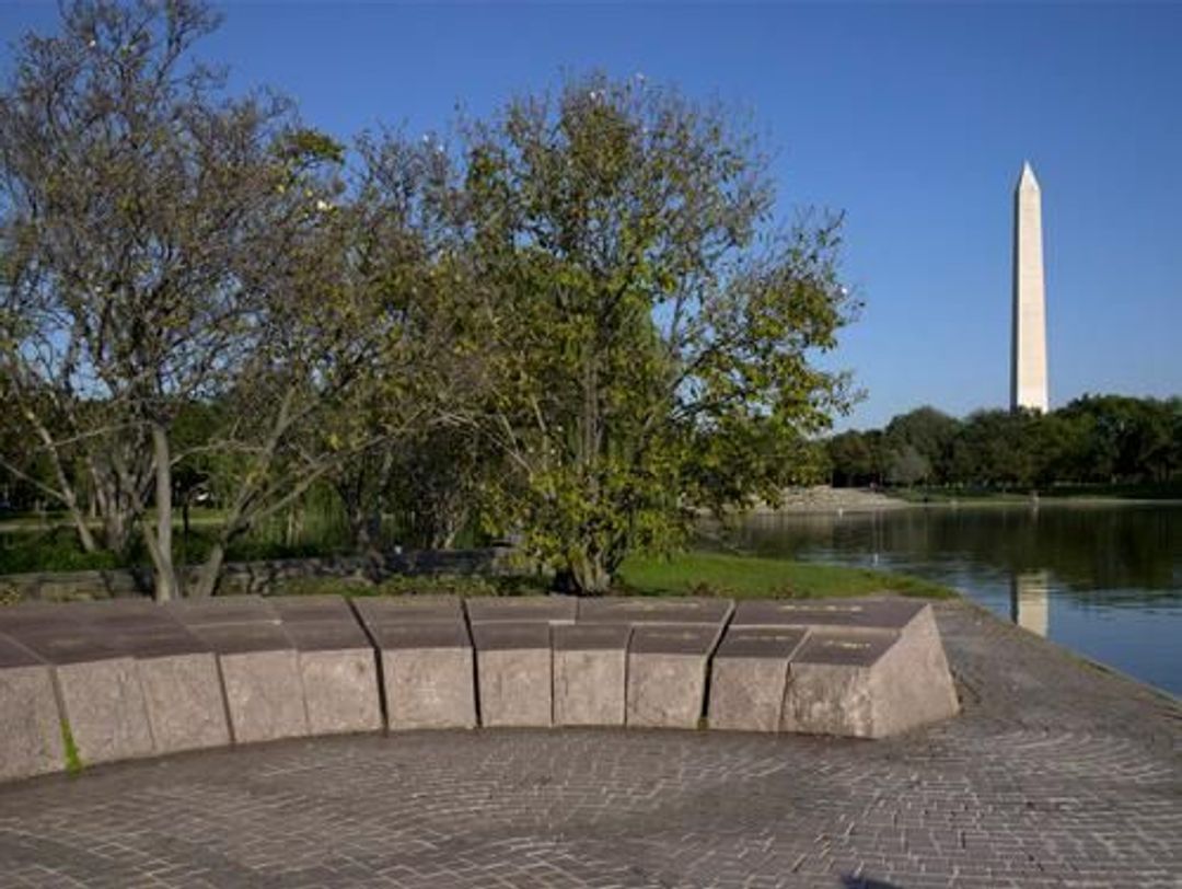 The 56 Signers of the Declaration of Independence Memorial is on the island in the center of Constitution Gardens's pond.