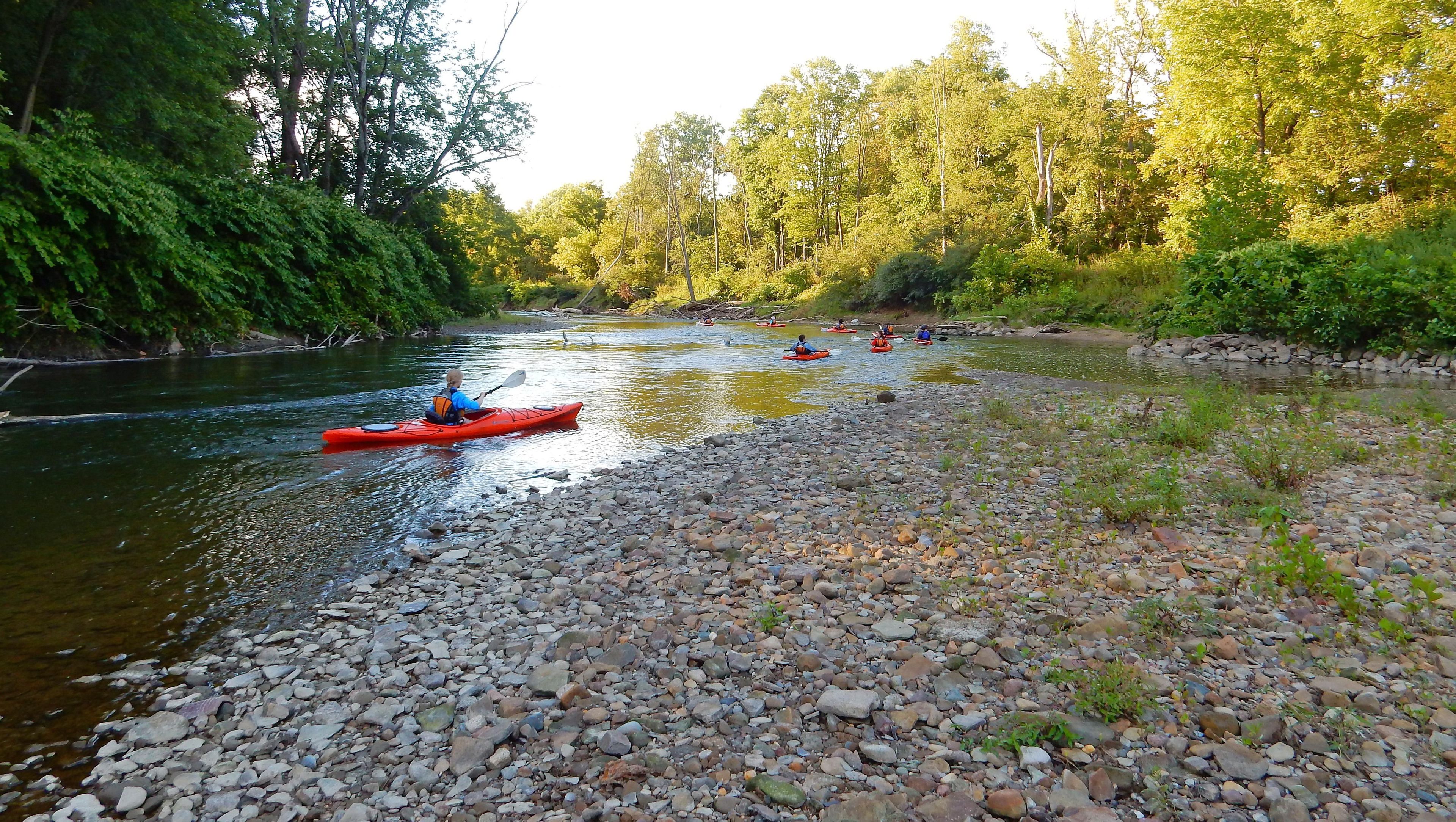 A group of kayaks passing a rocky beach on the Cuyahoga River in summer.