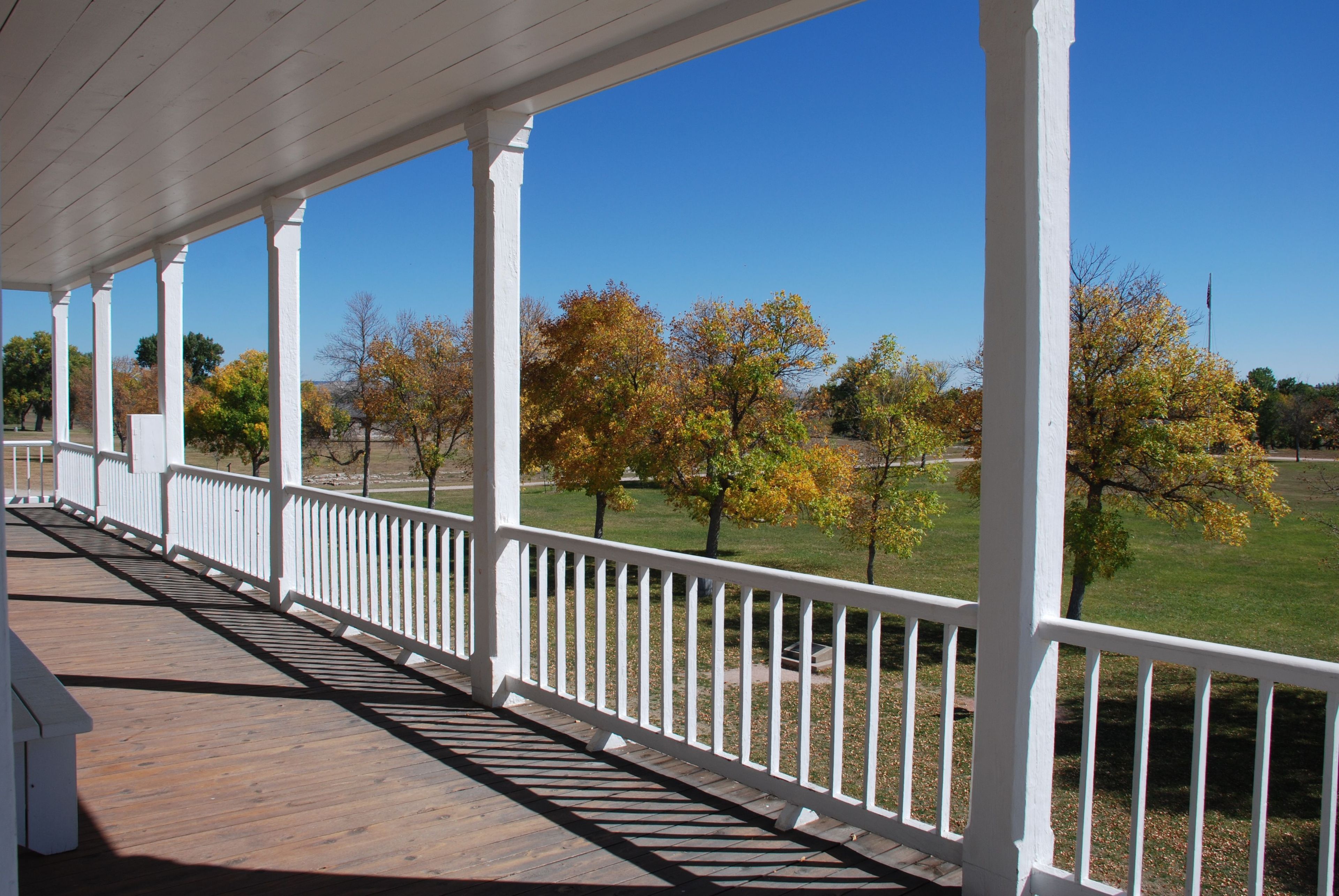 A fall view of the parade ground from "Old Bedlam" the oldest surviving structure at Fort Laramie and in the state of Wyoming, constructed in 1849.