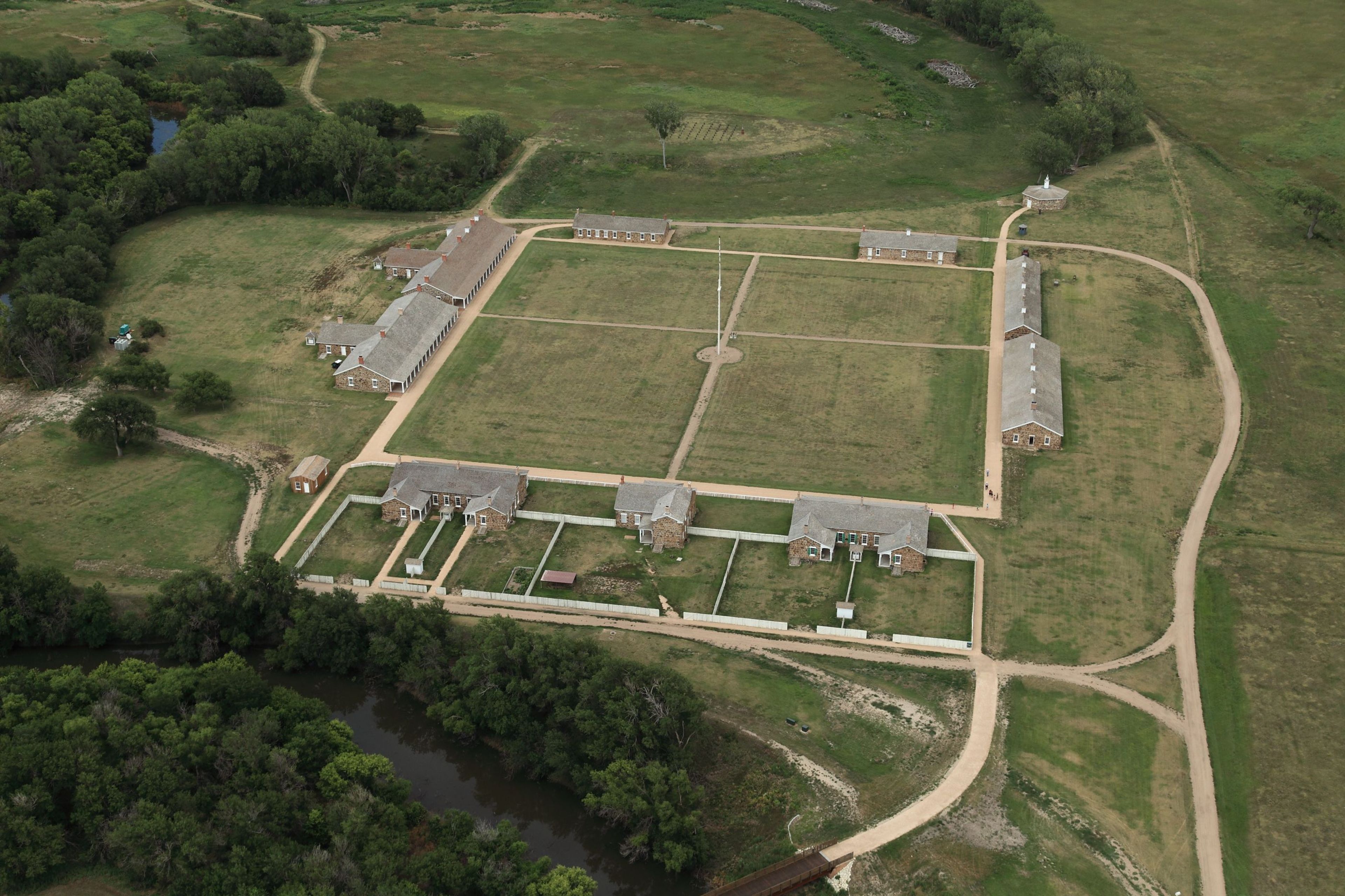 The historic sandstone buildings at Fort Larned date to 1868