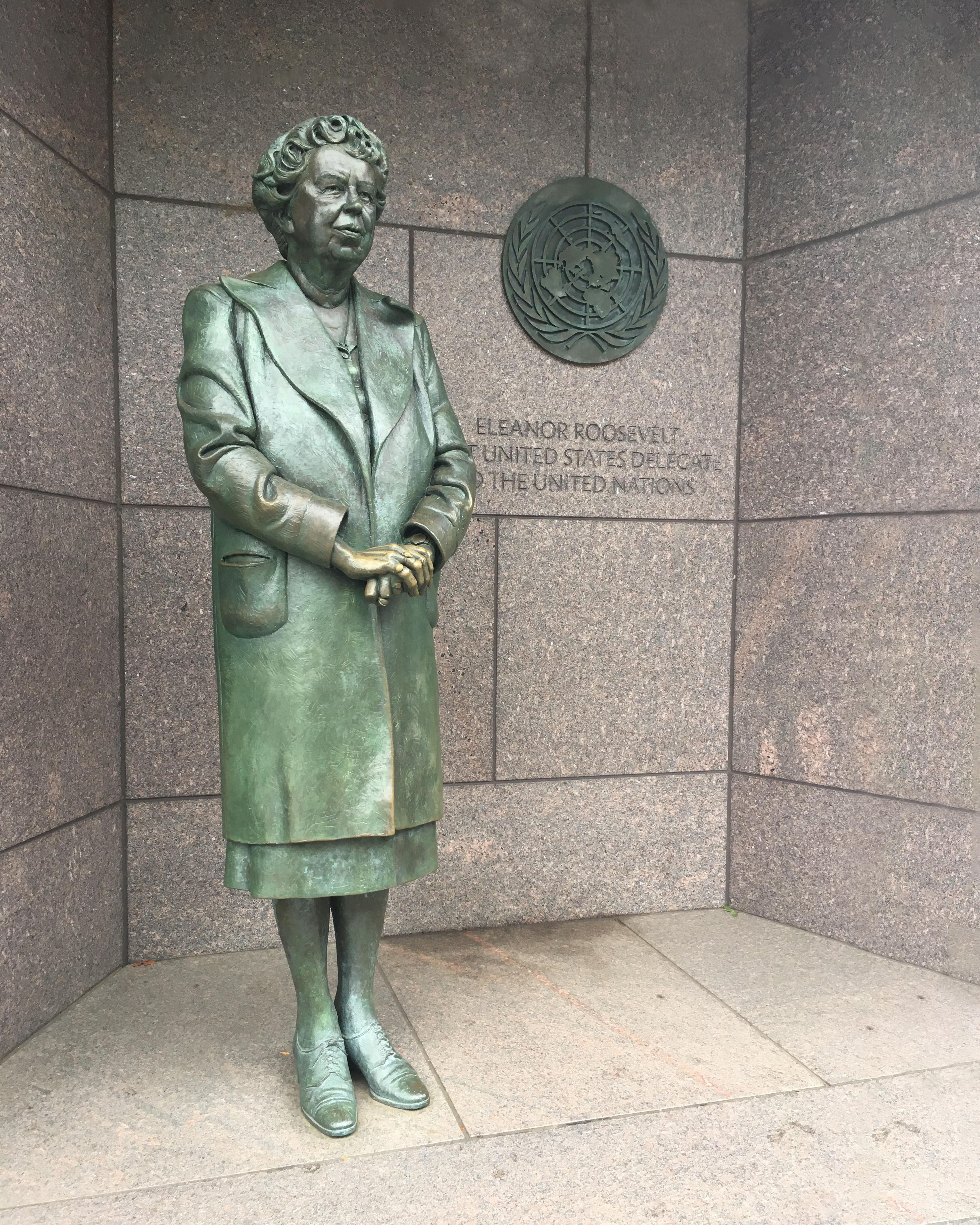 Statue of First Lady and US Delegate to the US, Eleanor Roosevelt is found within the Franklin Delano Roosevelt Memorial