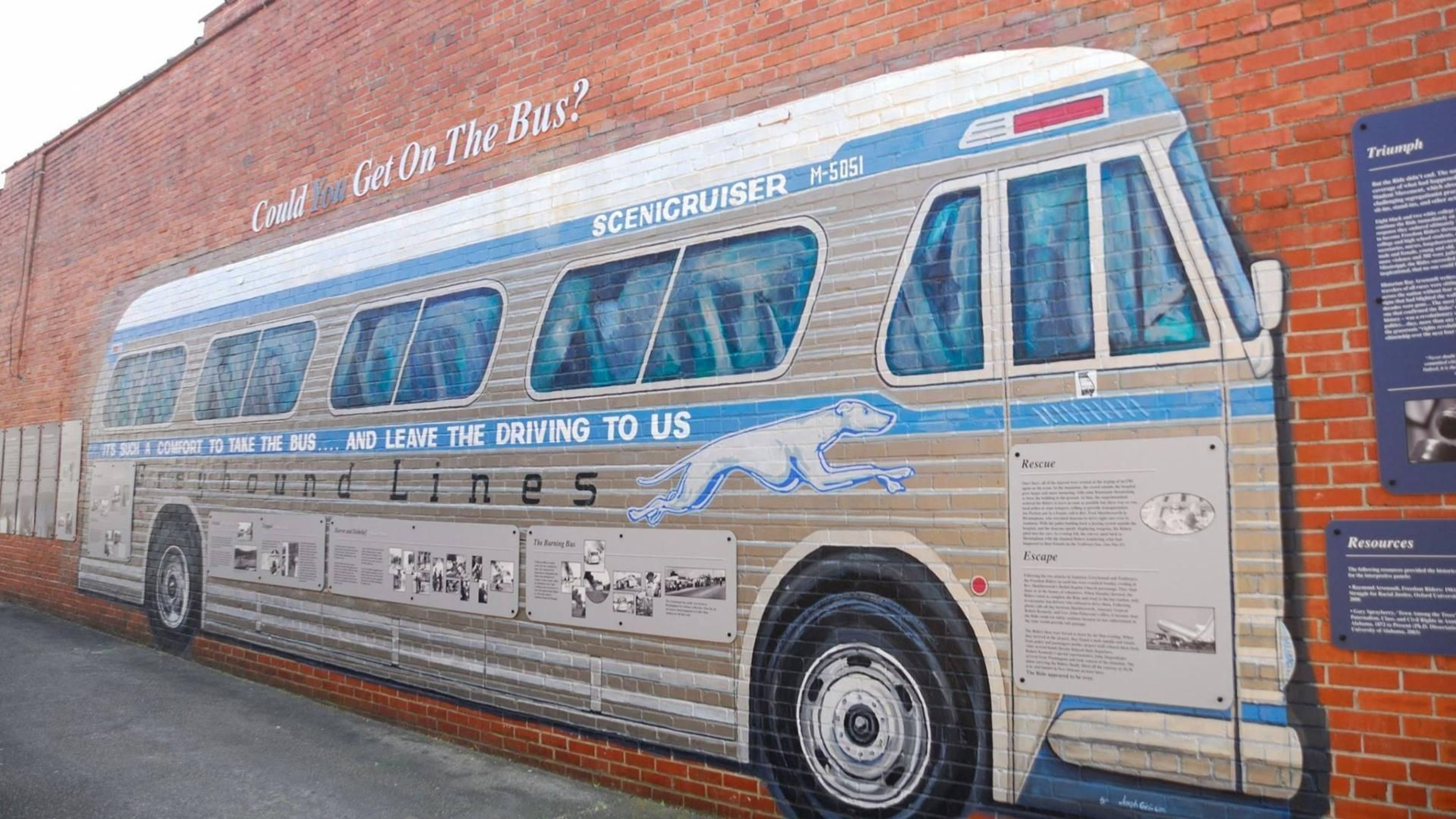 Greyhound mural at the Anniston Greyhound Bus Depot.