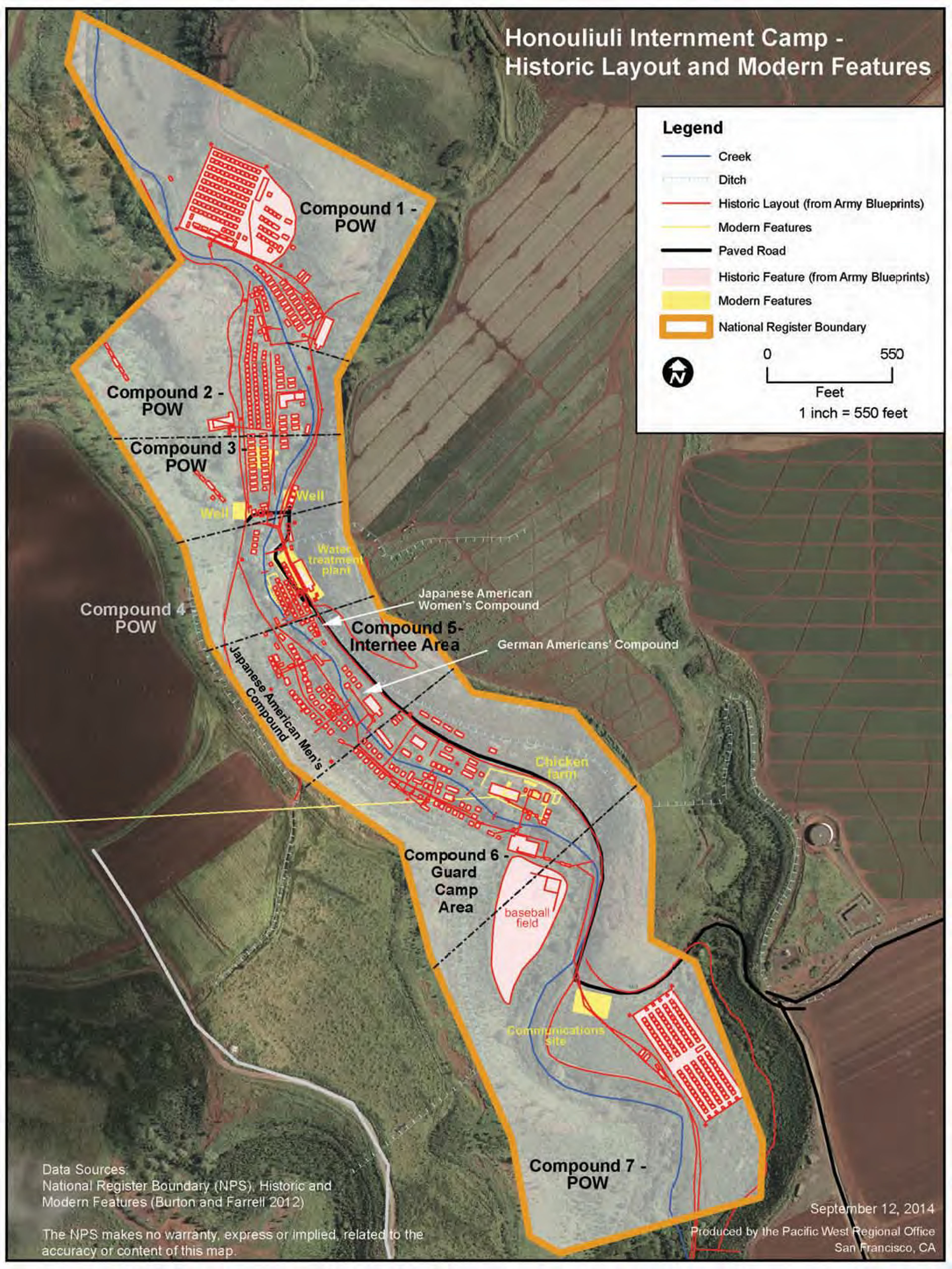 Historic overlay illustrating the layout of Honouliuli Internment and POW Camp