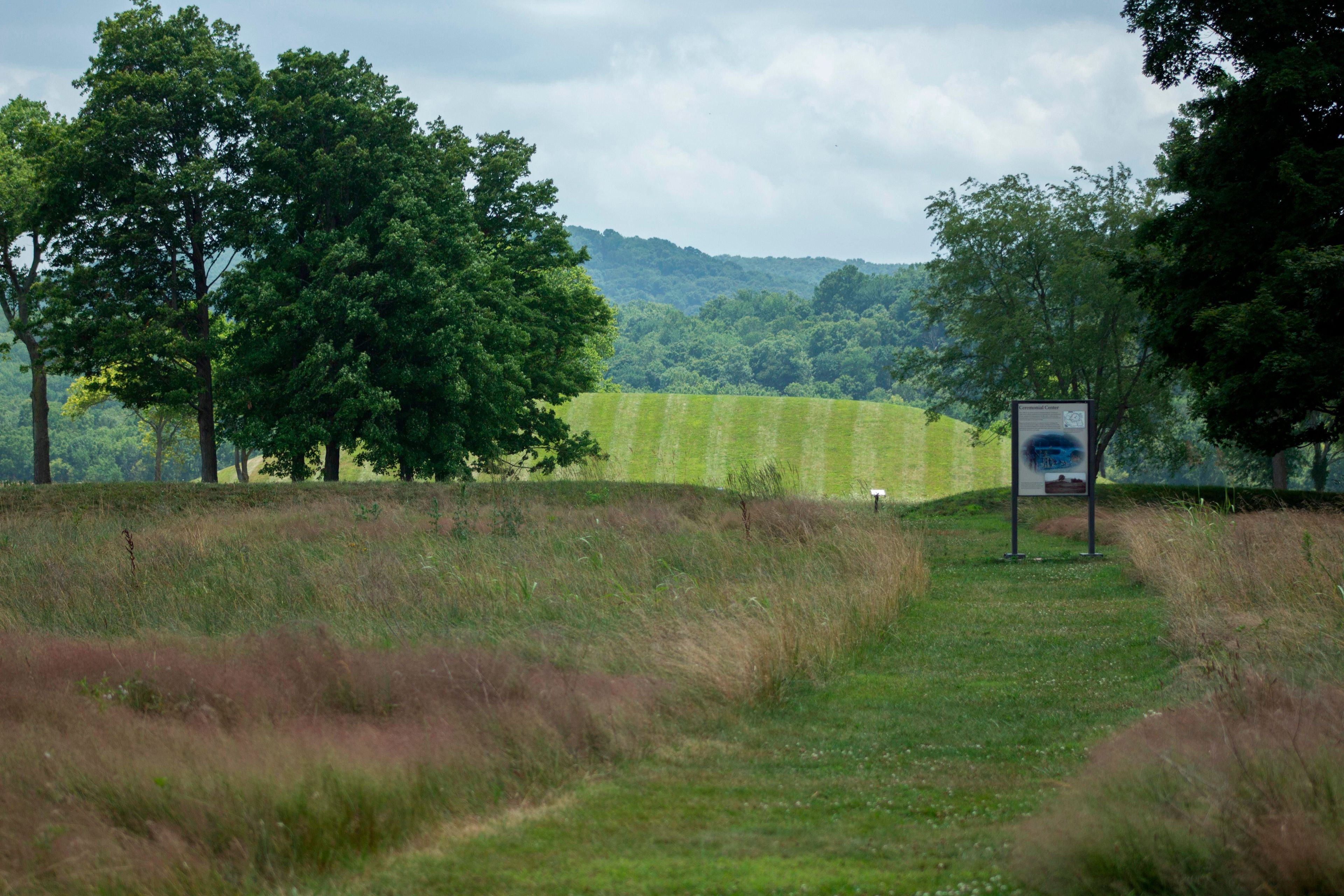 A cut grass trail leading to the large Seip Mound at Seip Earthworks.