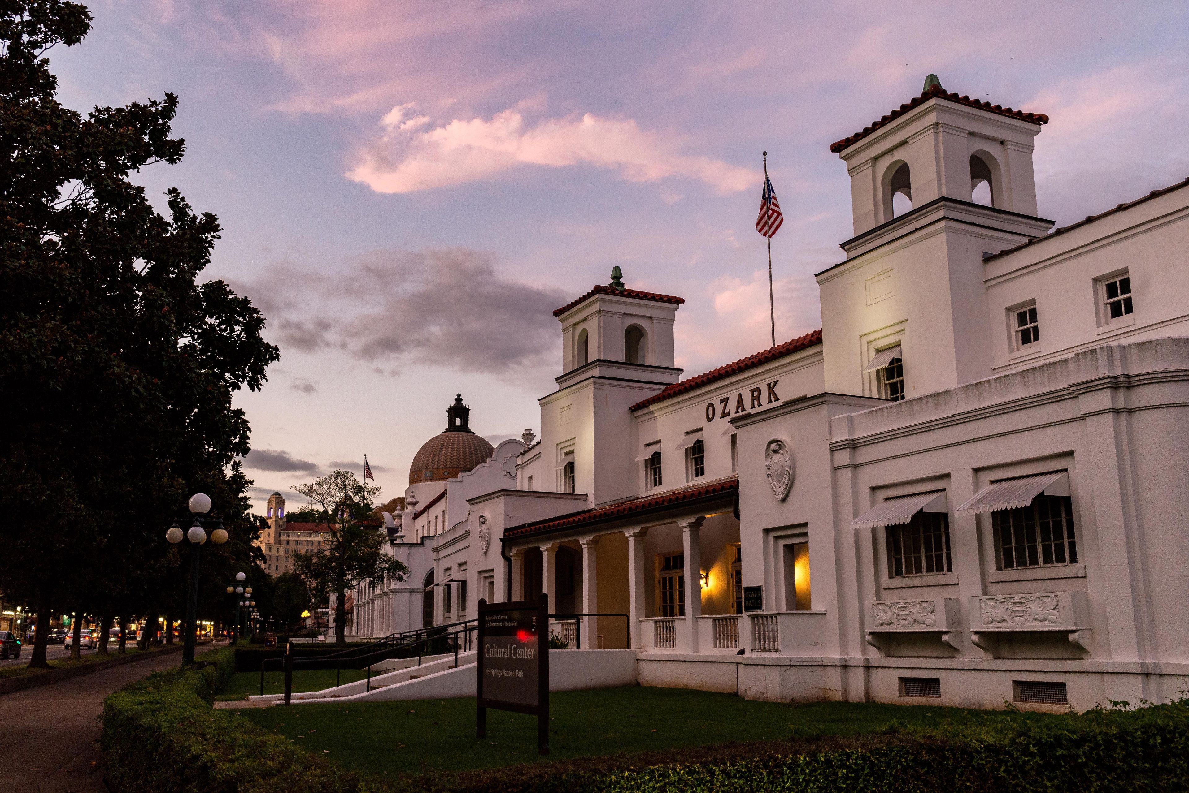 Bathhouse Row as the sun sets