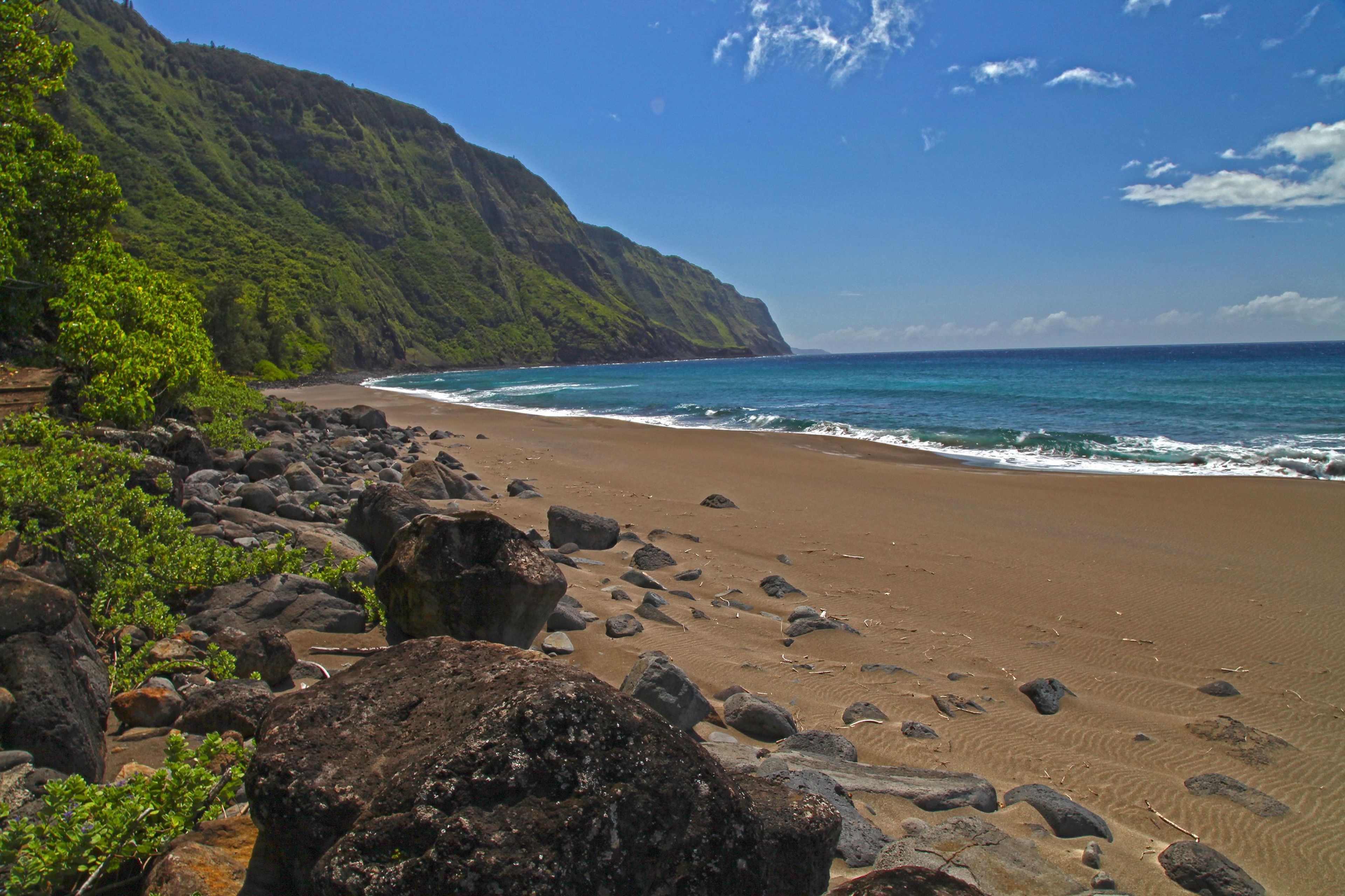 Black Sand Beach is one of several sandy beaches at Kalaupapa, most known for its sea turtle nesting habitat.