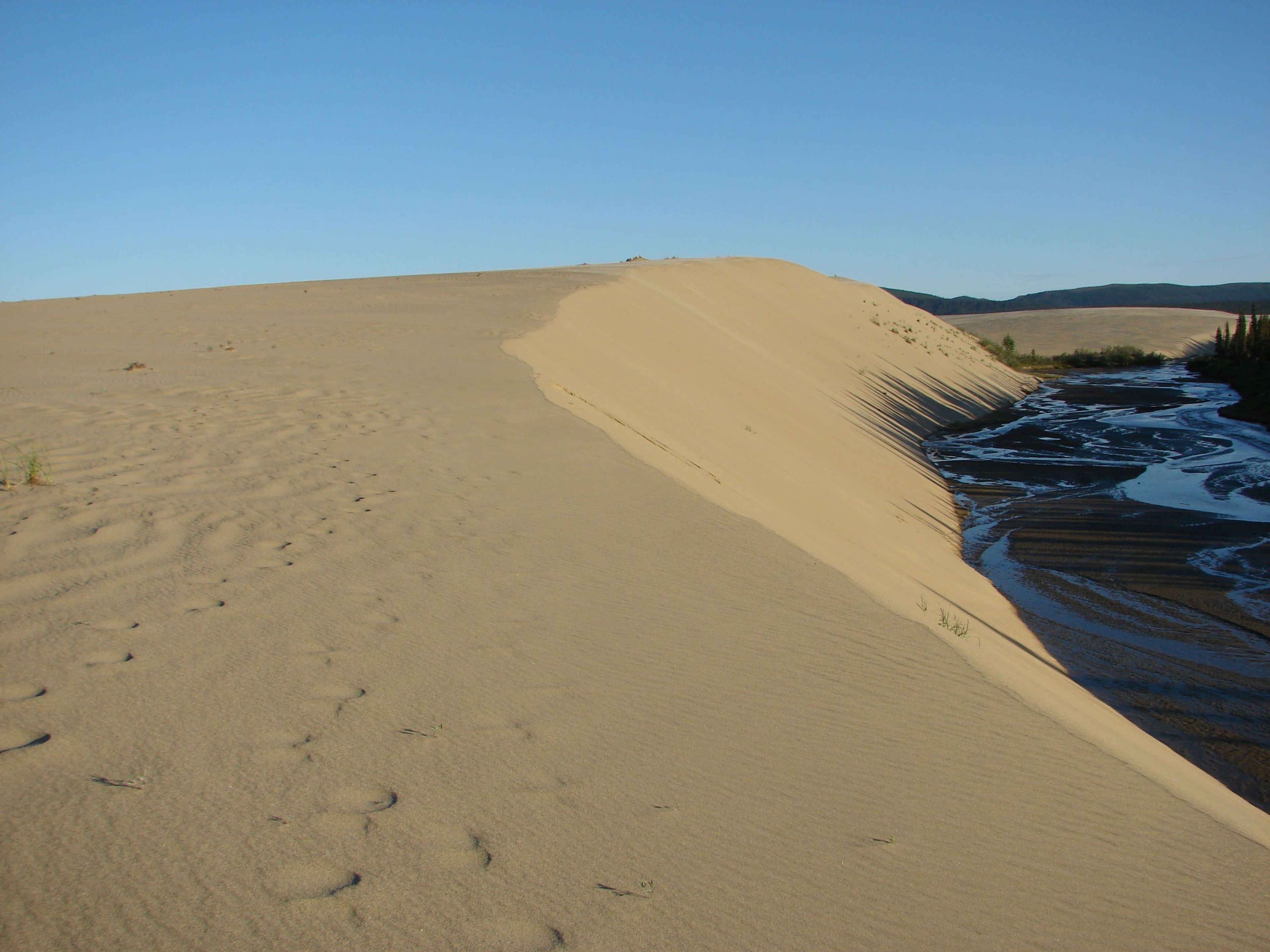 The setting sun casts shadows of black spruce on the dunes and colors the water of Ahnewetut Creek a deep blue.