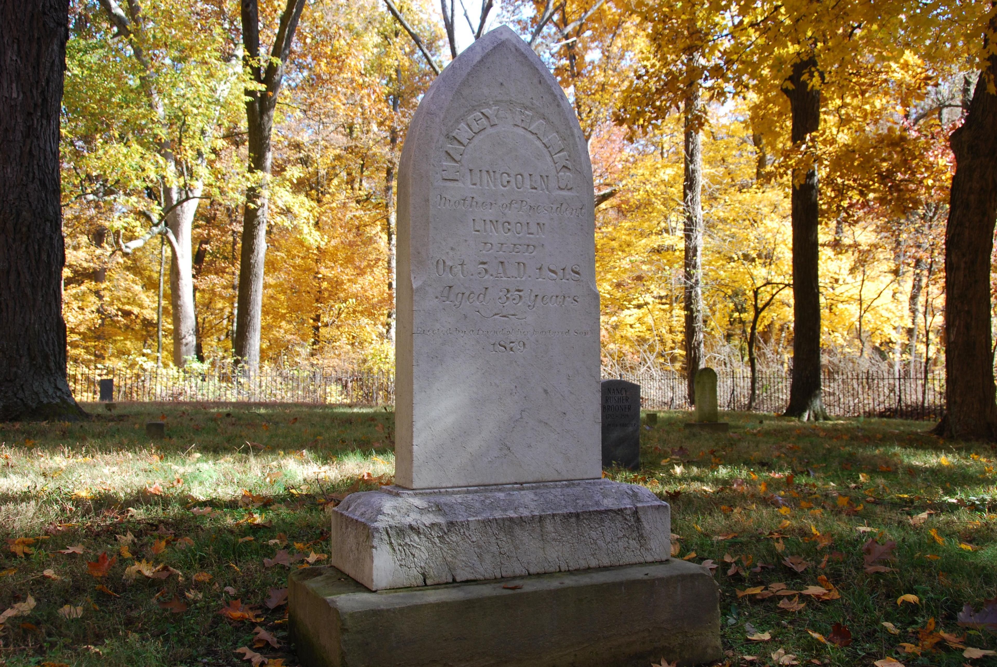 The headstone, erected in 1879, marks the burial spot of Abraham Lincoln's mother, who died of milk sickness in 1818.