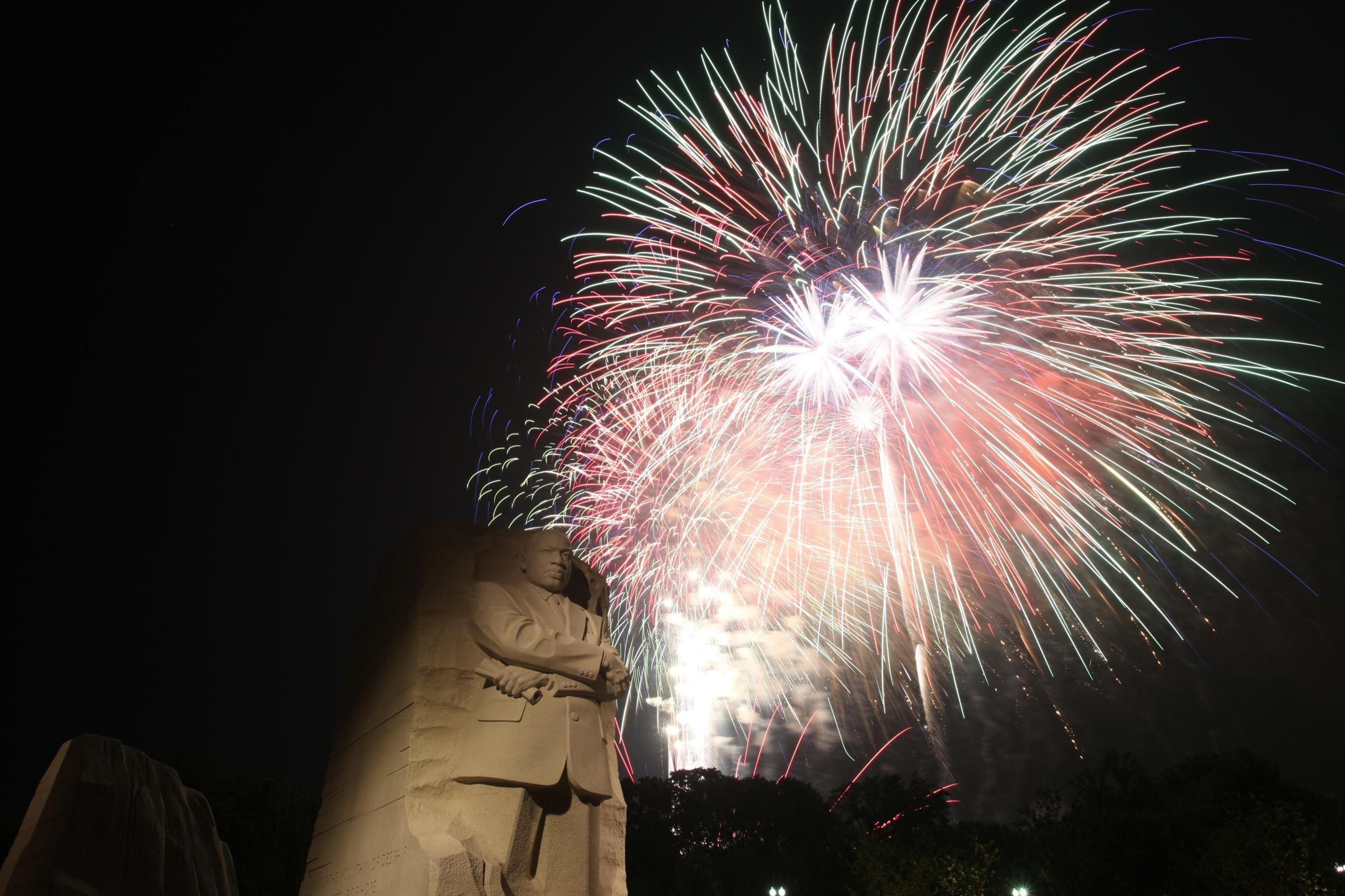 Martin Luther King, Jr. Memorial during Independence Day fireworks.