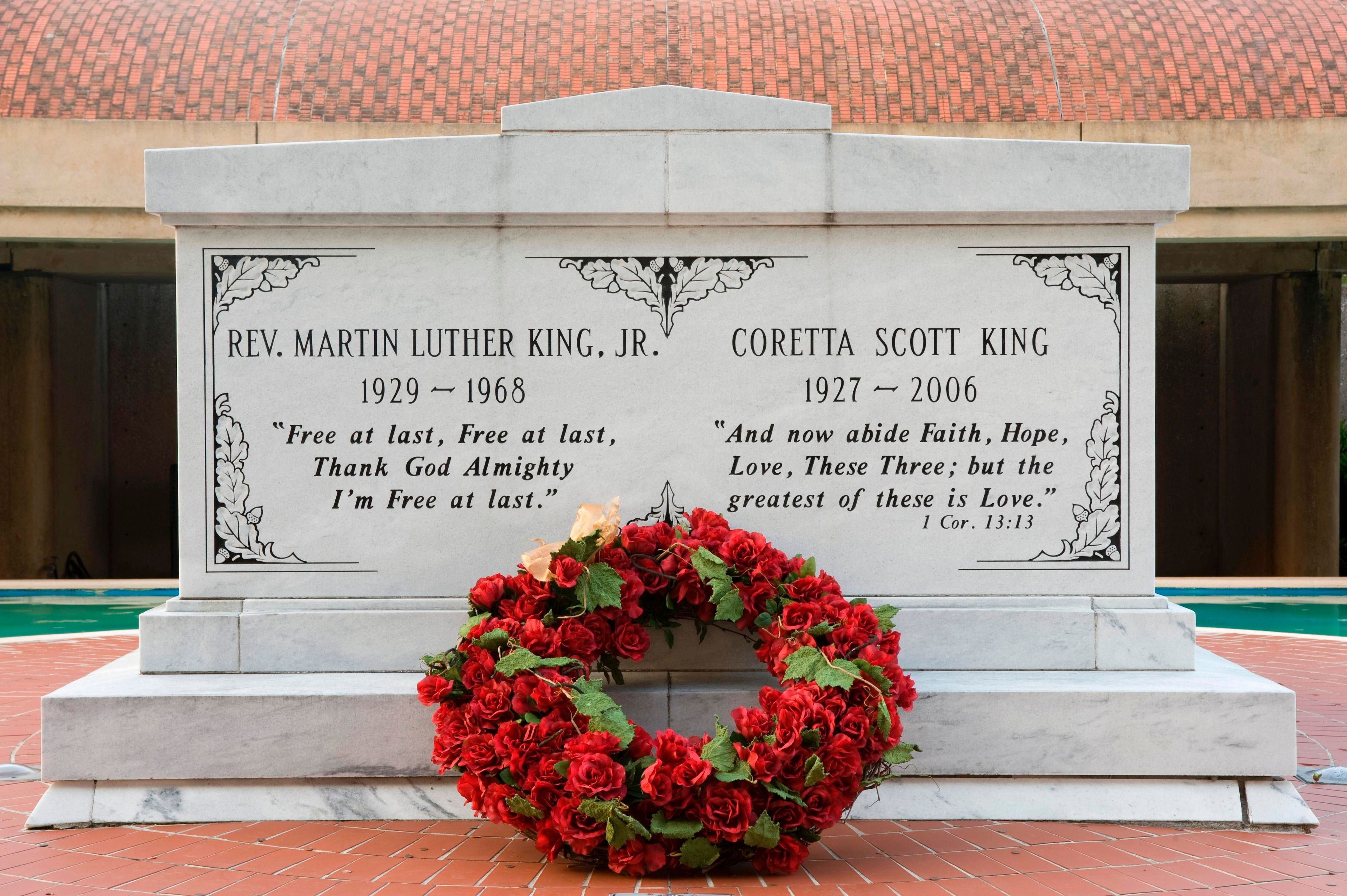 The Tomb of Dr. and Mrs. Martin Luther King, Jr.  rests on a brick island within a reflecting pool.