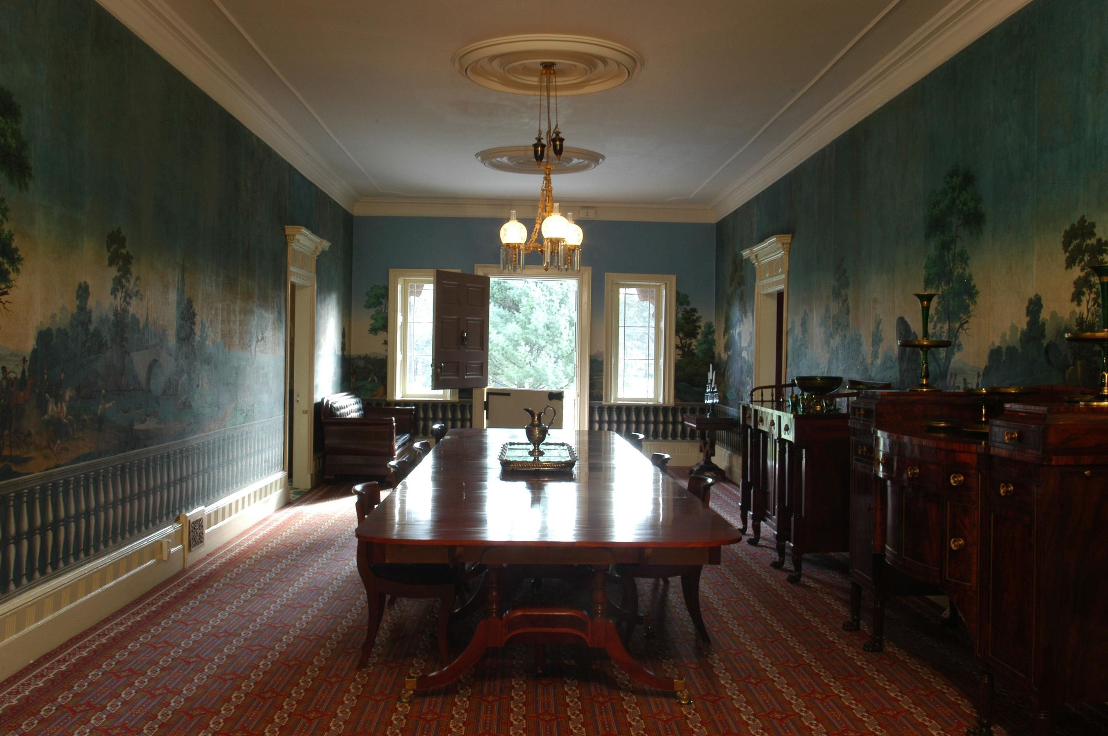 The main hall and dining table at Lindenwald were used by President Van Buren to not only entertain, but to use his skills to bend political issues his way through the ante bellum period.