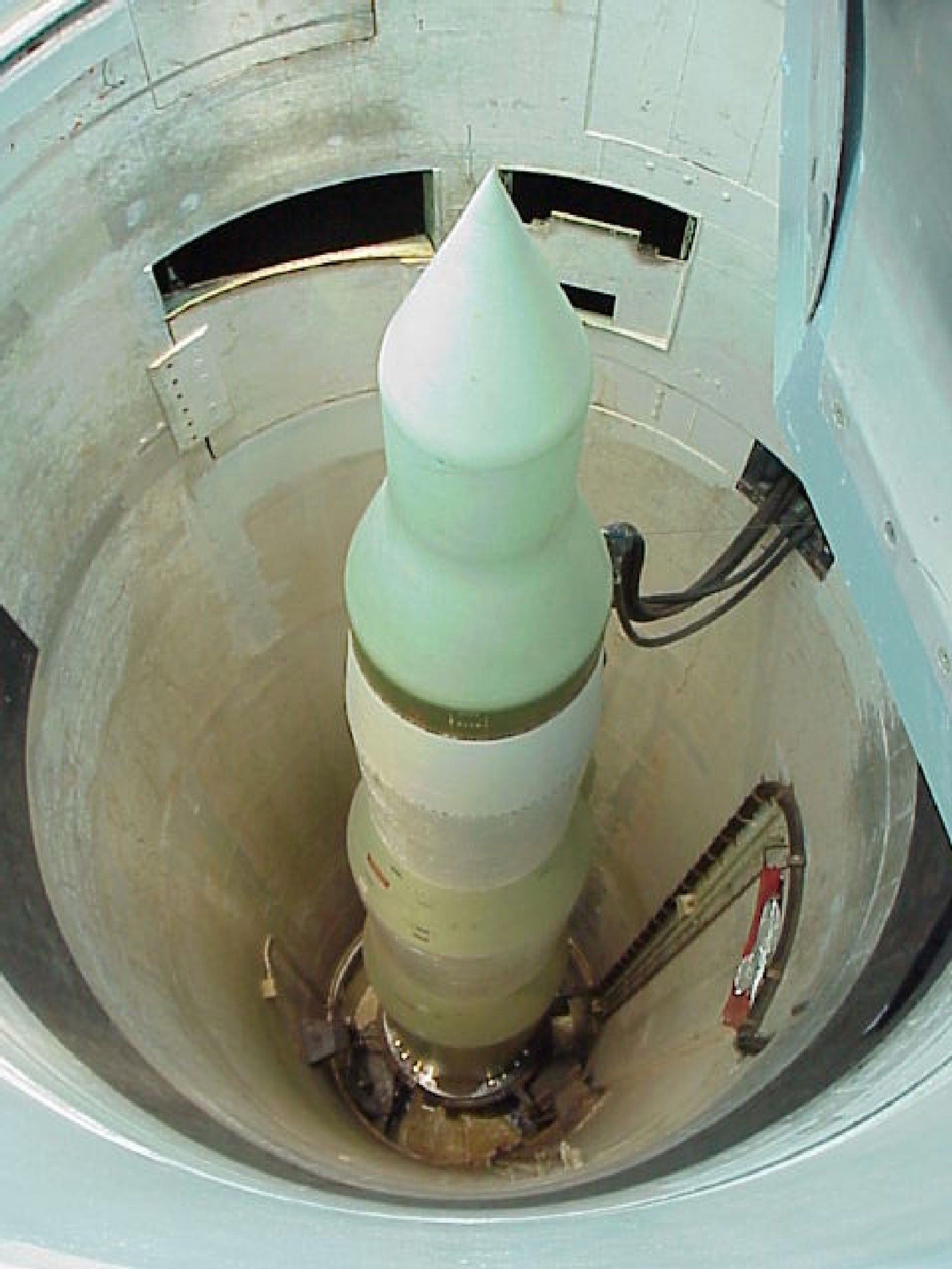 A Minuteman II nuclear missile remains on alert, representing the 1,000 missiles which kept a constant vigil during the Cold War.