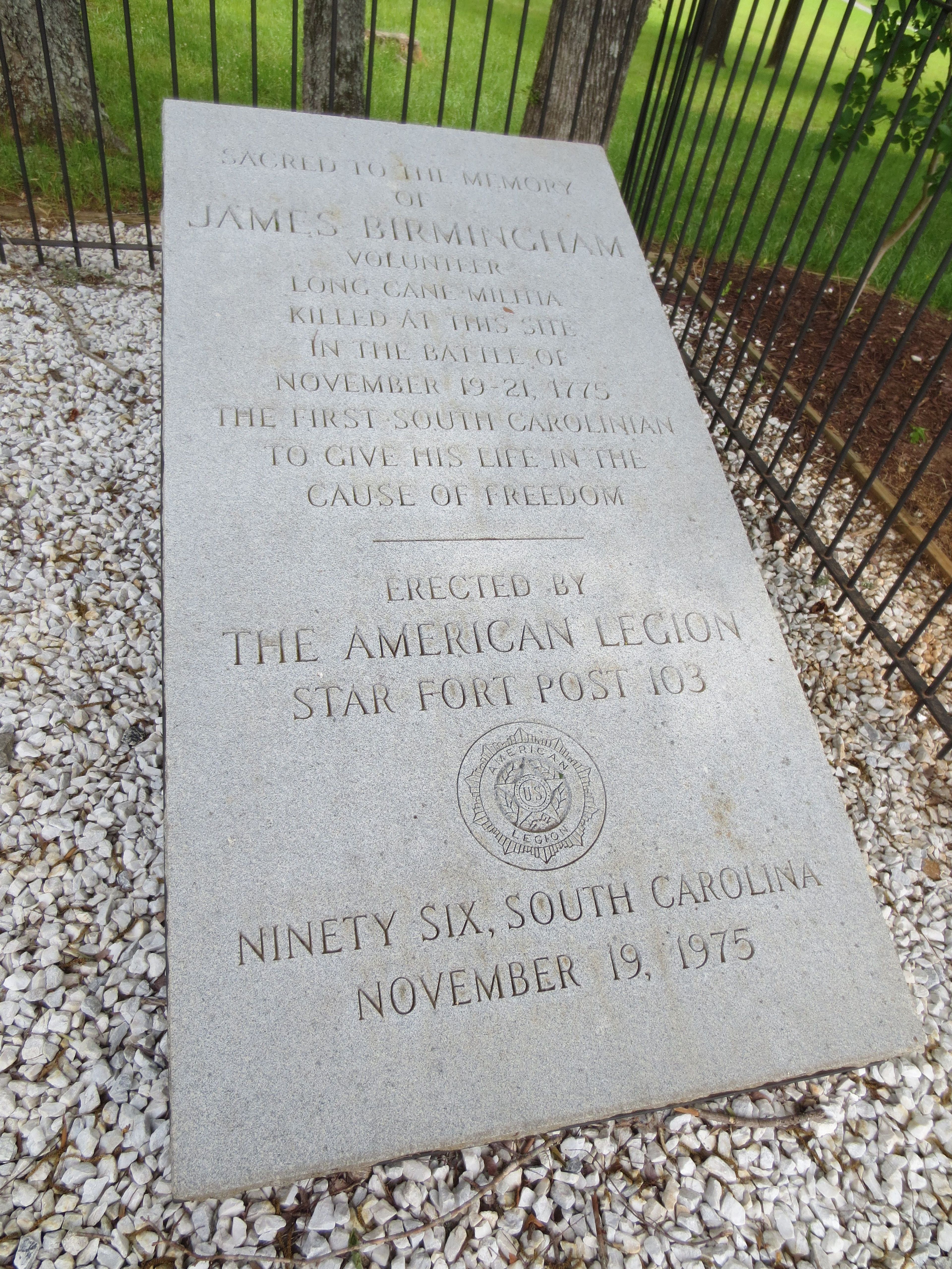 A monument to patriot James Birmingham, the first South Carolinian to die in the American Revolution