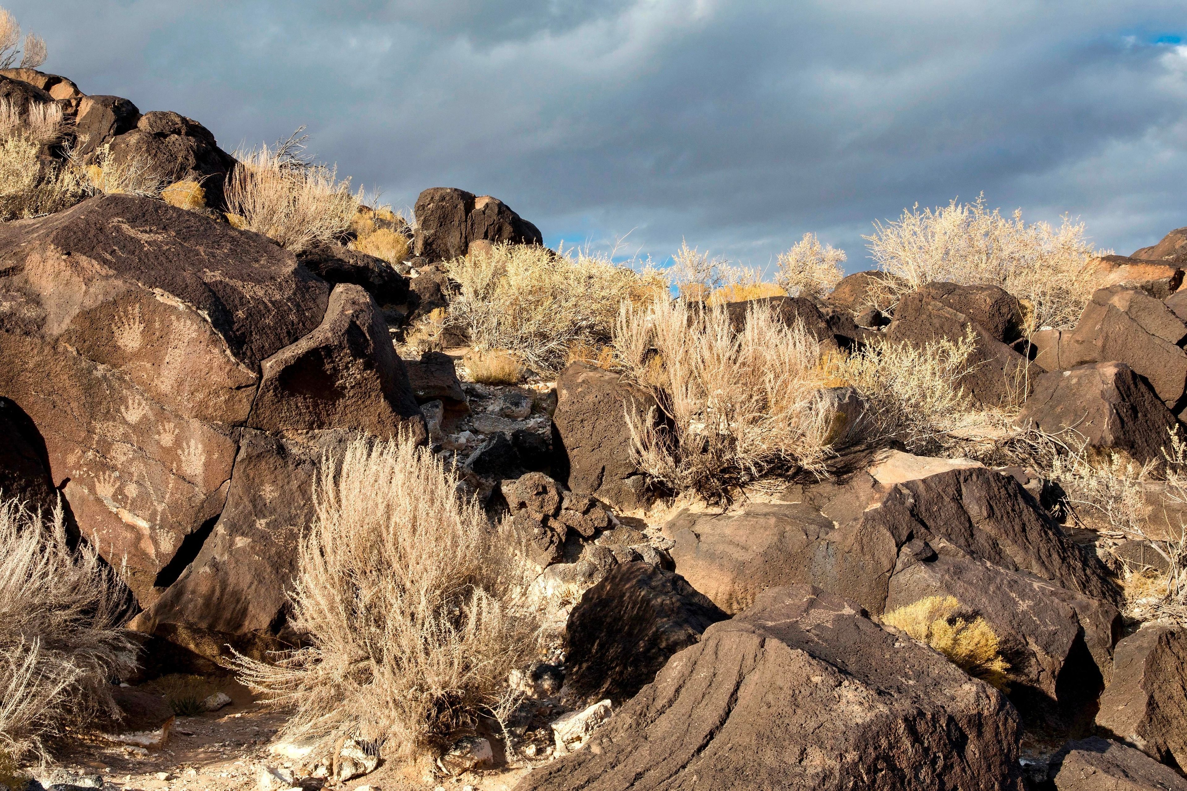 Hand prints and other petroglyphs on boulders at Piedras Marcadas.