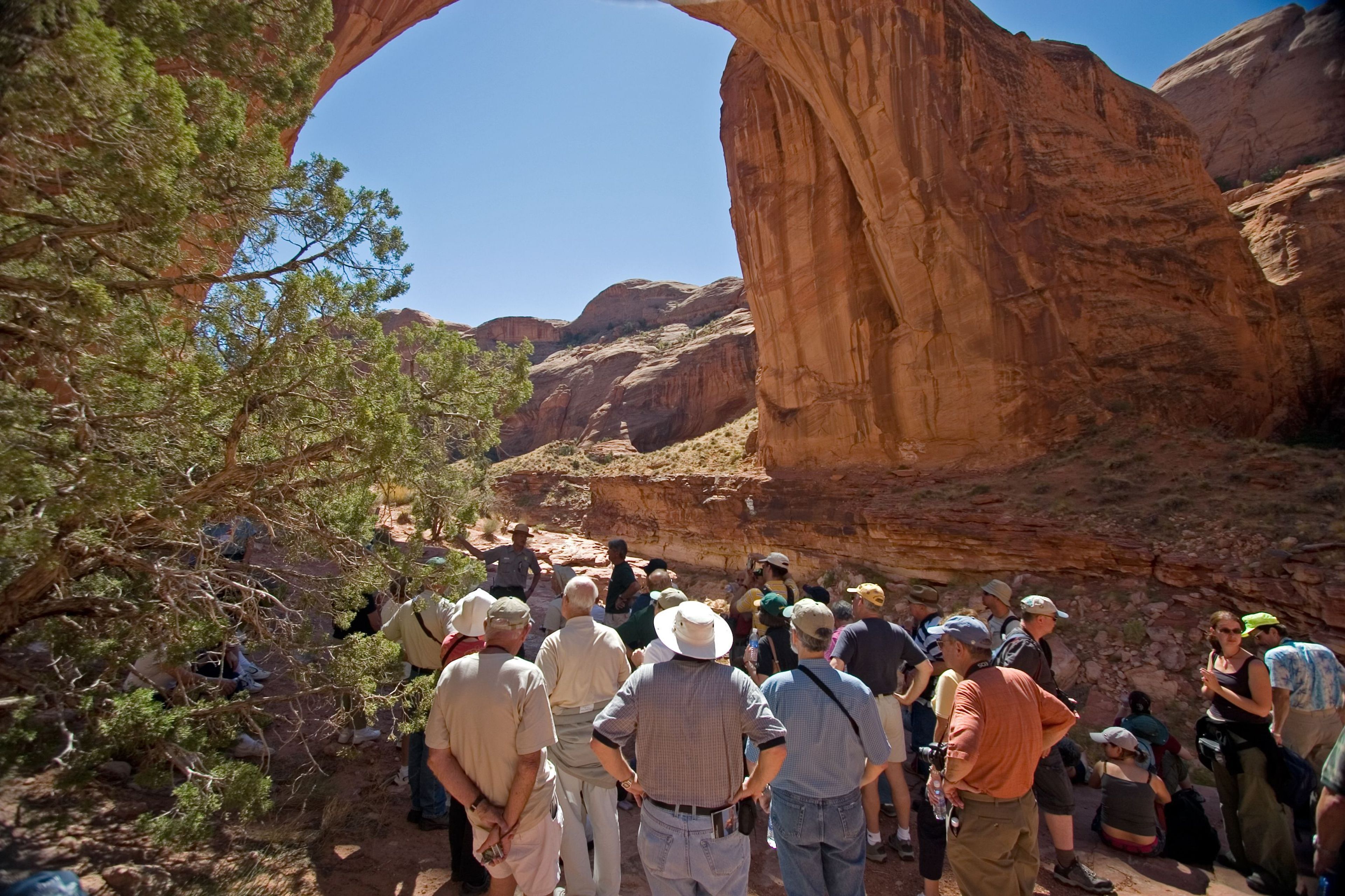 In the desert heat after the rough walk up to Rainbow Bridge from the docks, you take shade where you can get it.