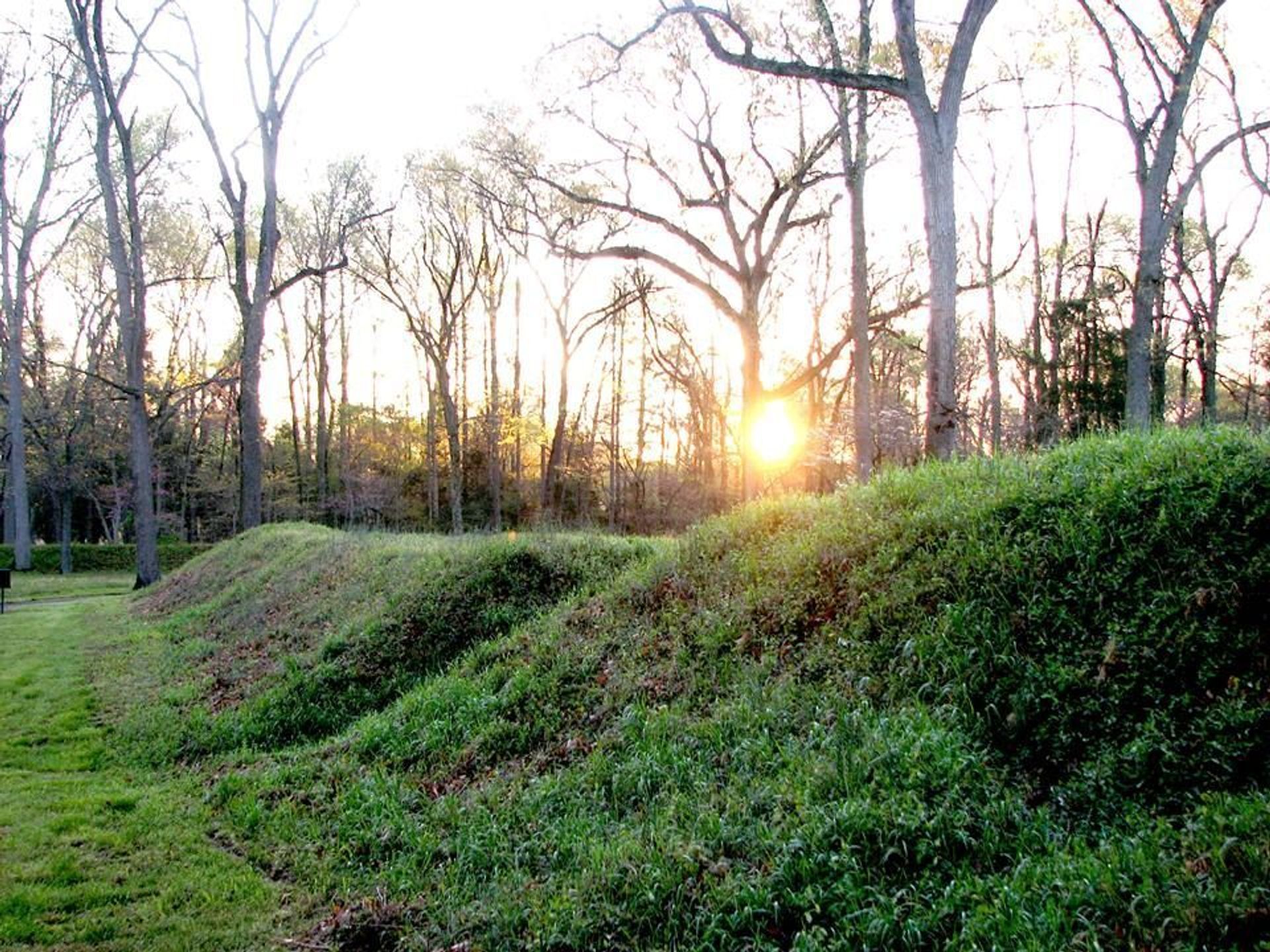 Earthworks like these at Fort Harrison can be found throughout the park