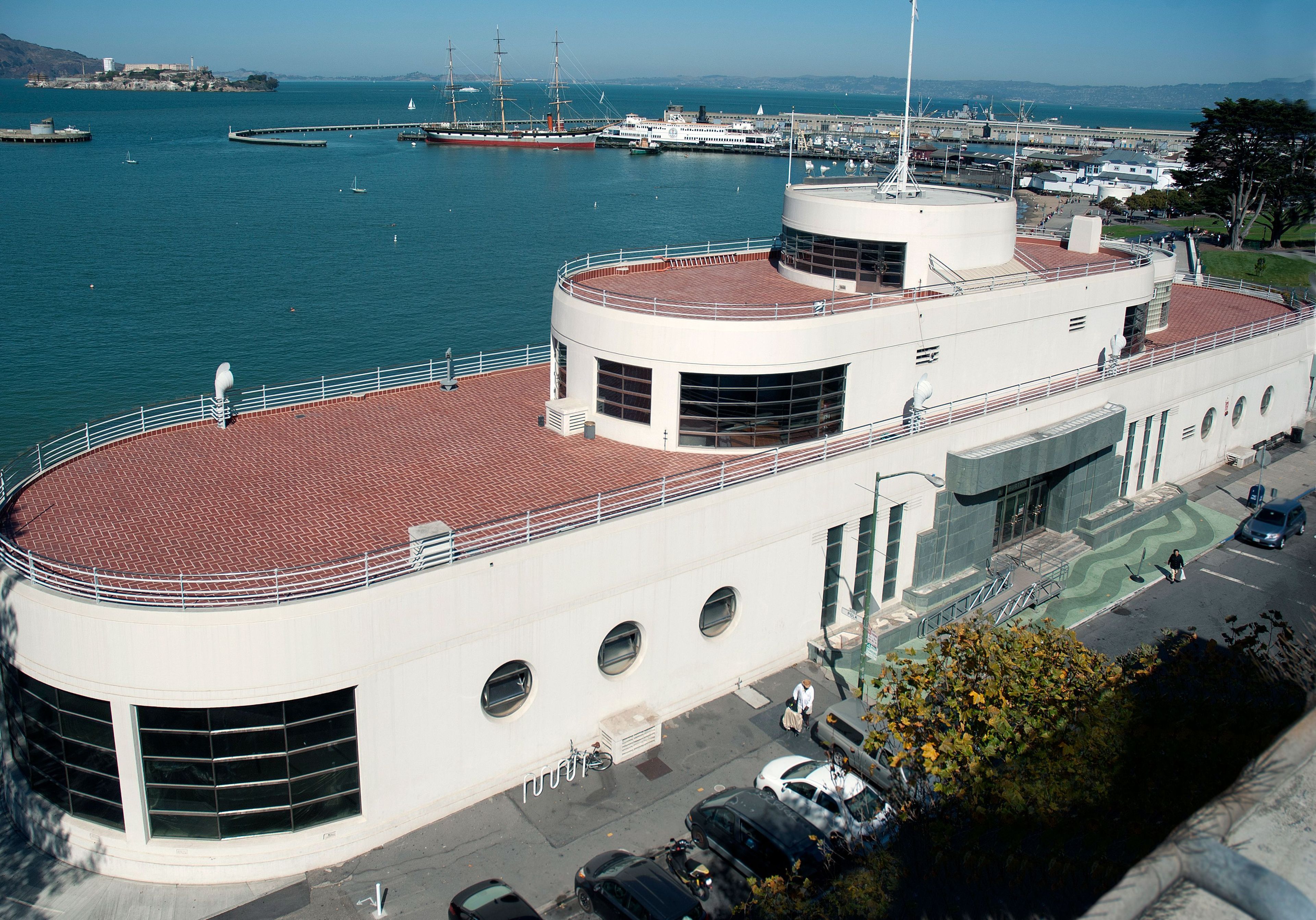 The Maritime Museum, Aquatic Park cove, and Hyde Street Pier.