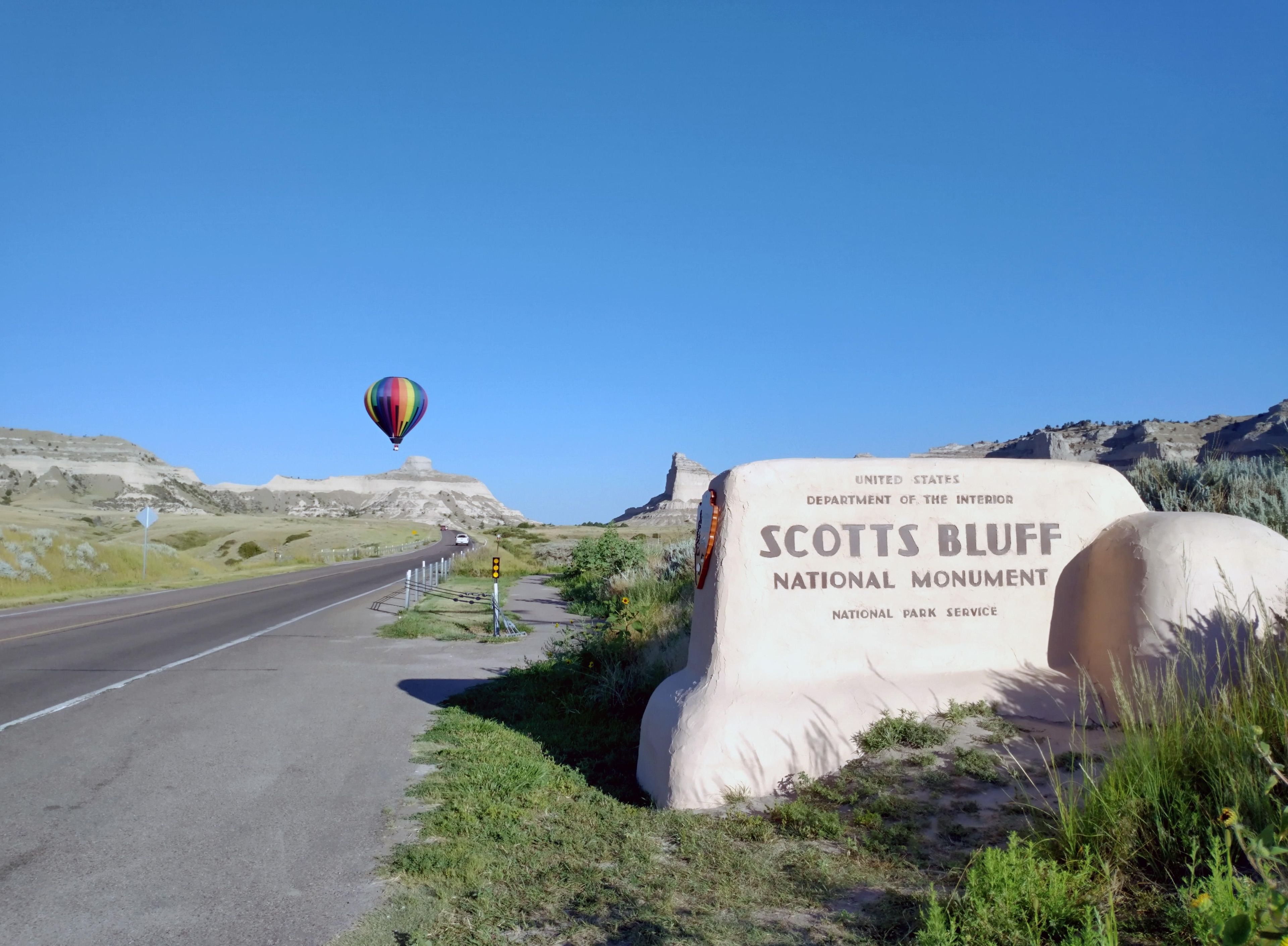 A hot air balloon is seen at the east entrance to Scotts Bluff National Monument.