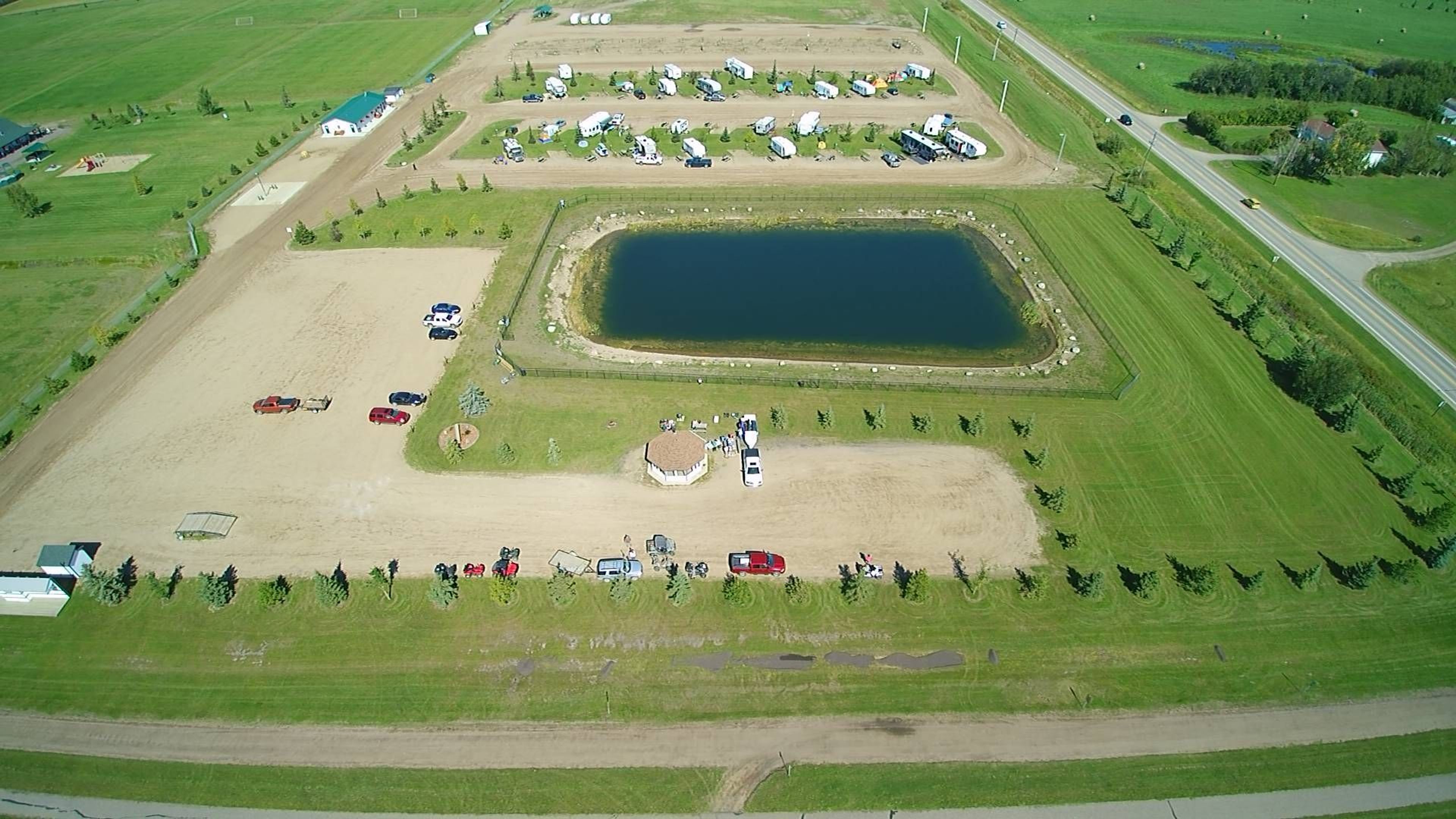 Bird's eye view of St Paul's Staging area with fish pond and campground in background