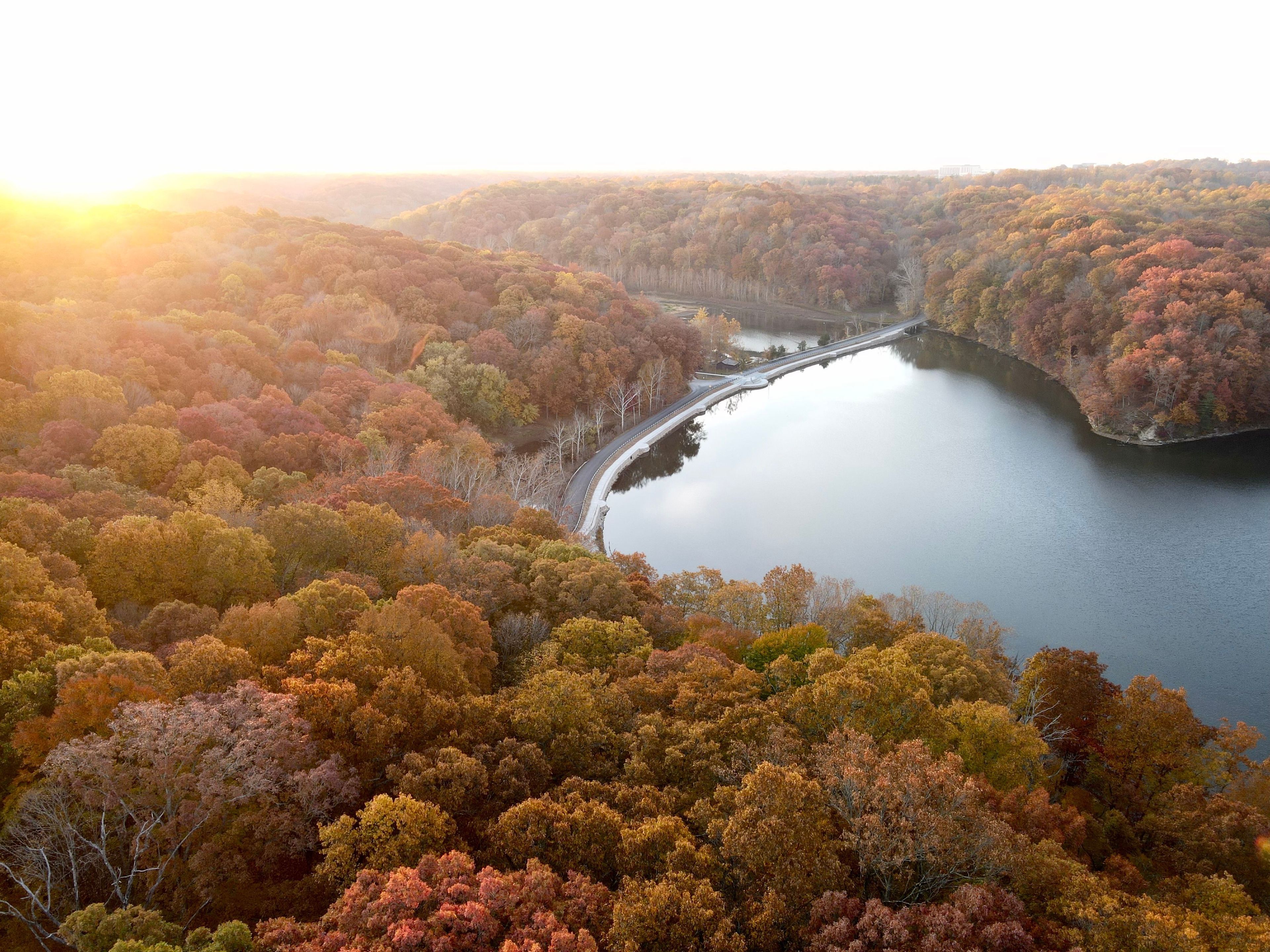 Ariel photo of sunrise over Griffy Lake Nature Preserve.