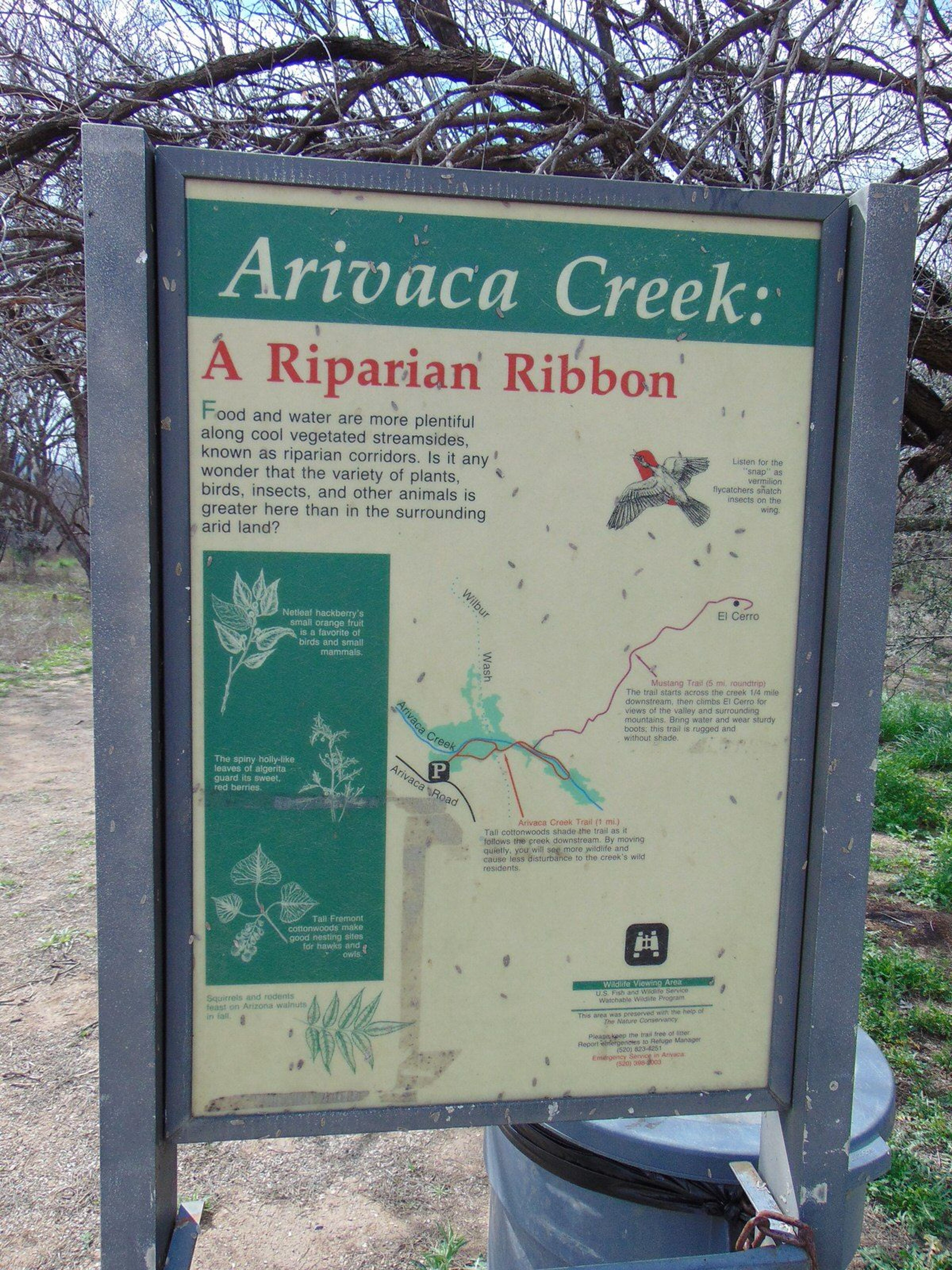 Sign at the Arivaca Creek traihead in the Buenos Aires National Wildlife Refuge. Photo by The Old Pueblo wiki.