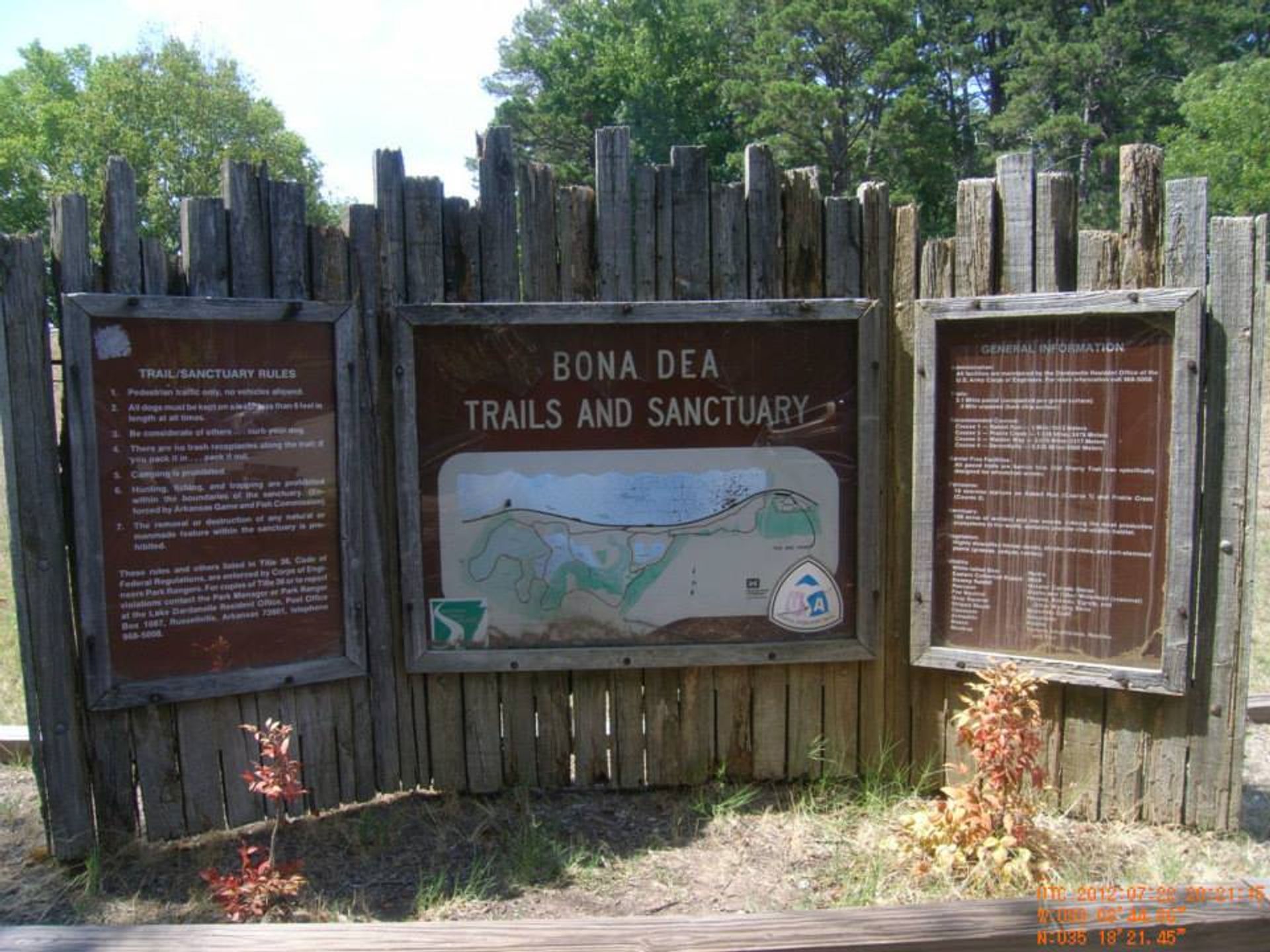 Trailhead sign at Bona Dea Trails and Sanctuary. Photo by USCOE.