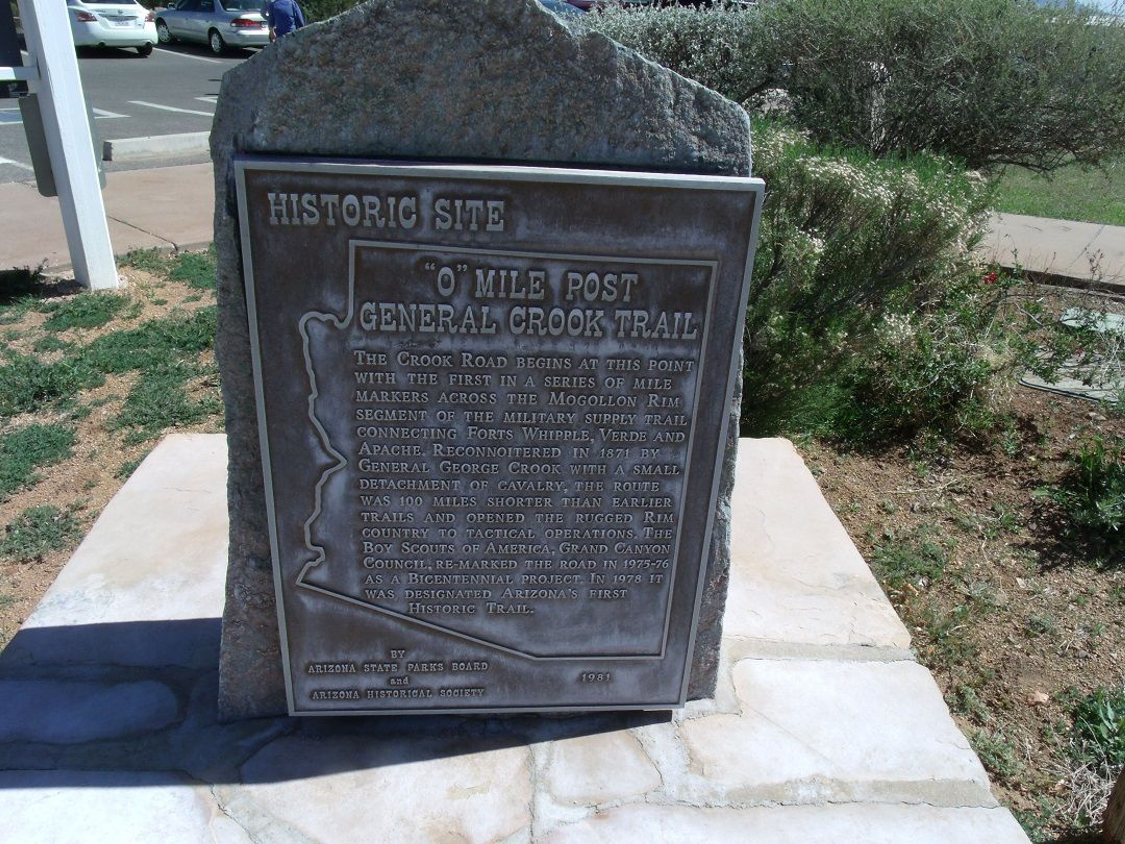 This "0" Mile General Crook Trail Marker is located in the place where in 1871 General George Crook established a military supp. Photo by Tony the Marine.