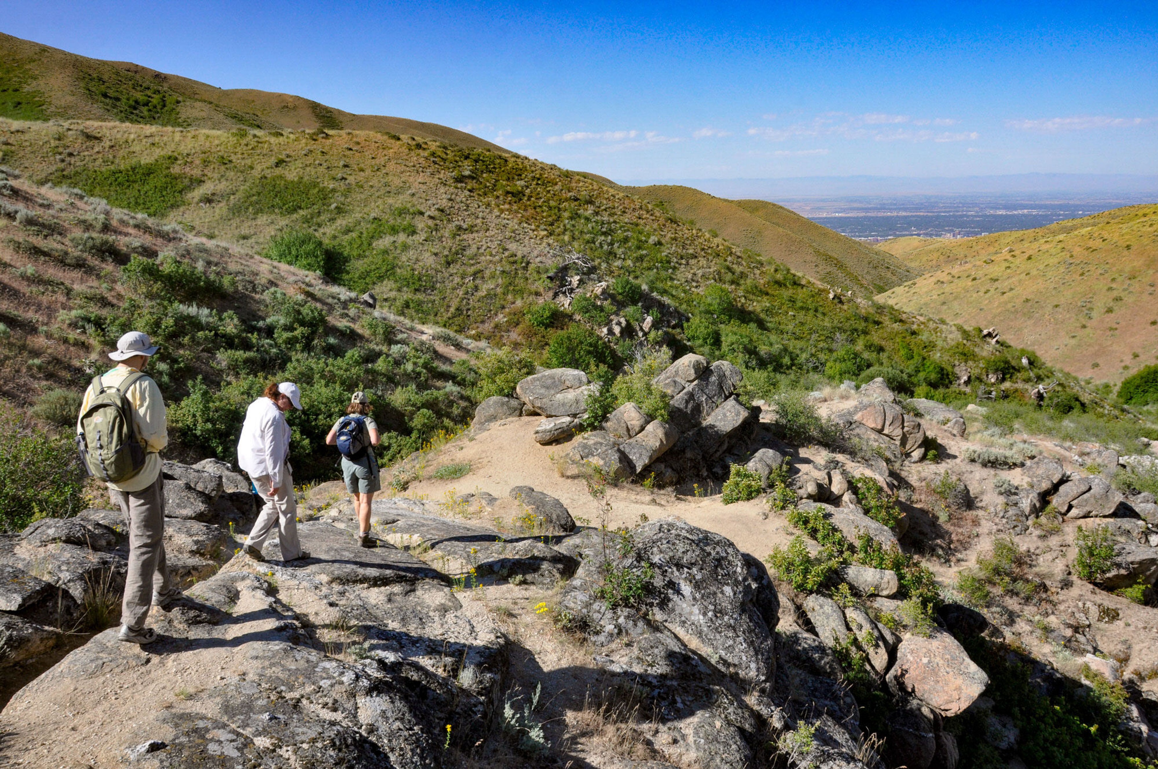 Hikers along the upper section of the Hulls Gulch Interpretive Trail. Photo by Larry Ridenhour.