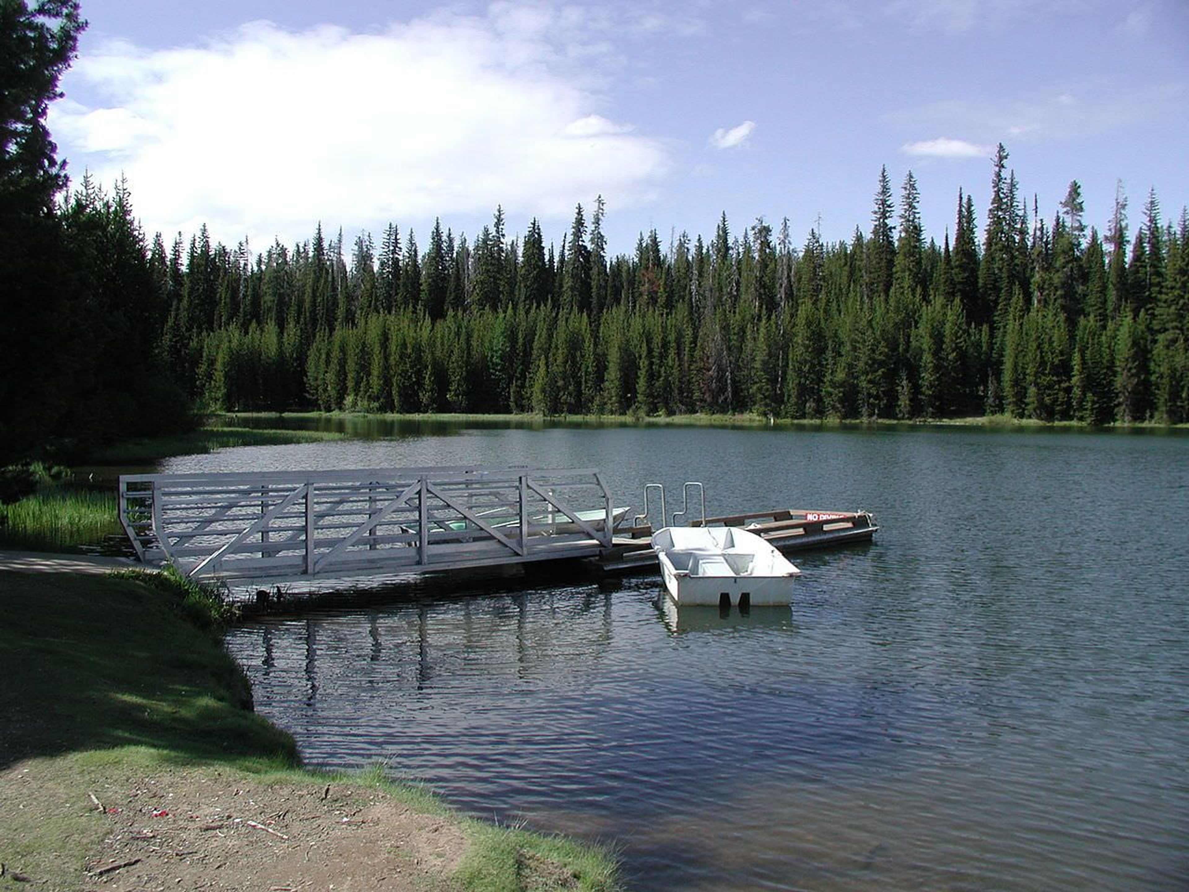 A metal and wooden dock and a small white boat floating beside in shallow water. Photo by USFS.