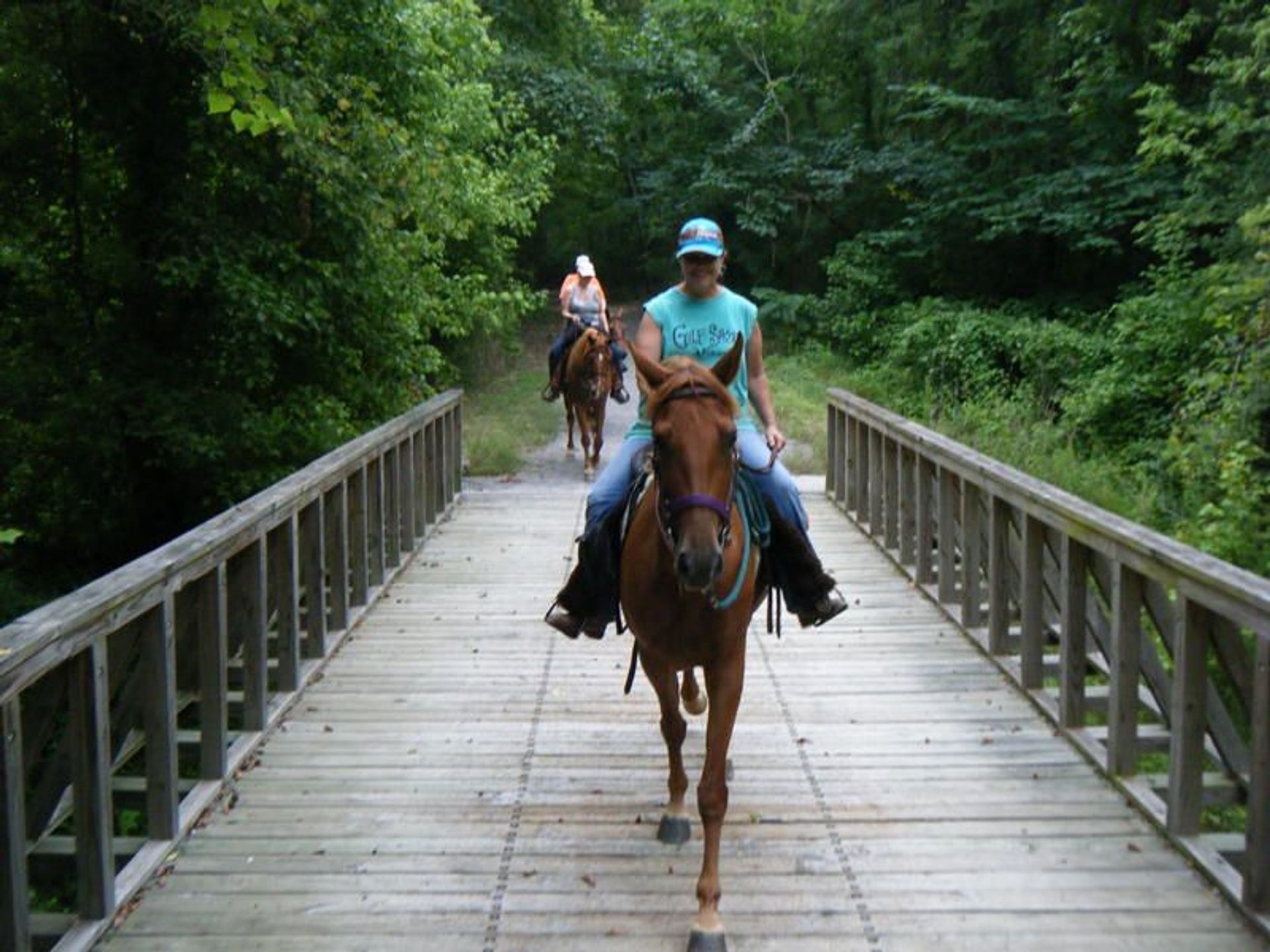 Horseback riders crossing bridge. Photo by Kari Kirby.